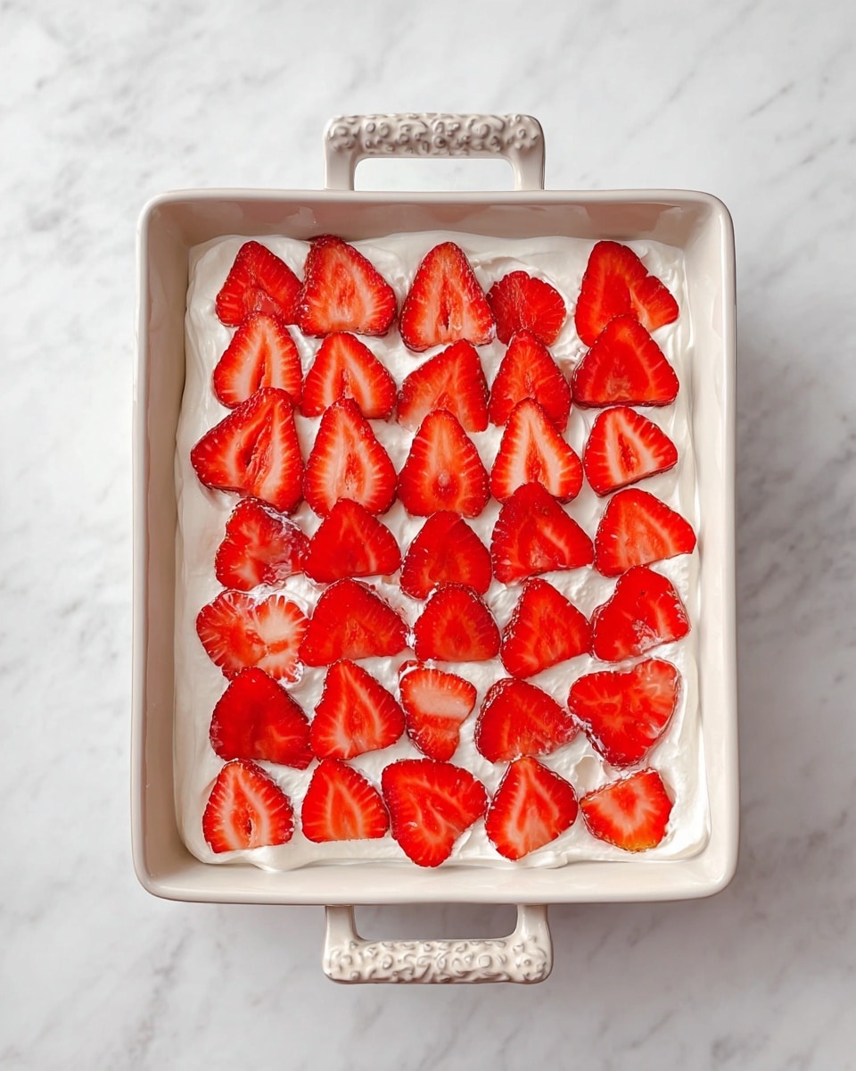 The image shows a white rectangular baking dish with handles, filled with a layer of white whipped cream spread evenly. On top of the cream, there is a single layer of bright red strawberry slices arranged neatly in rows, covering the entire surface. The dish is placed on a white marbled surface, creating a clean and fresh look. photo taken with an iphone --ar 4:5 --v 7