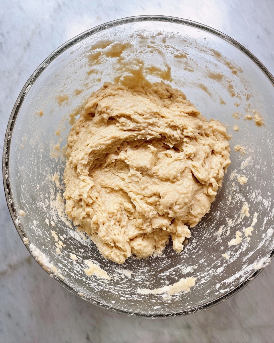 A clear glass bowl contains a thick, light beige dough with a bumpy and sticky texture. The dough is unevenly spread, with some parts pulled toward the center, showing rough ridges and air bubbles. Dry flour spots are scattered inside the bowl and on the clear sides. The bowl is placed on a white marbled surface. photo taken with an iphone --ar 4:5 --v 7