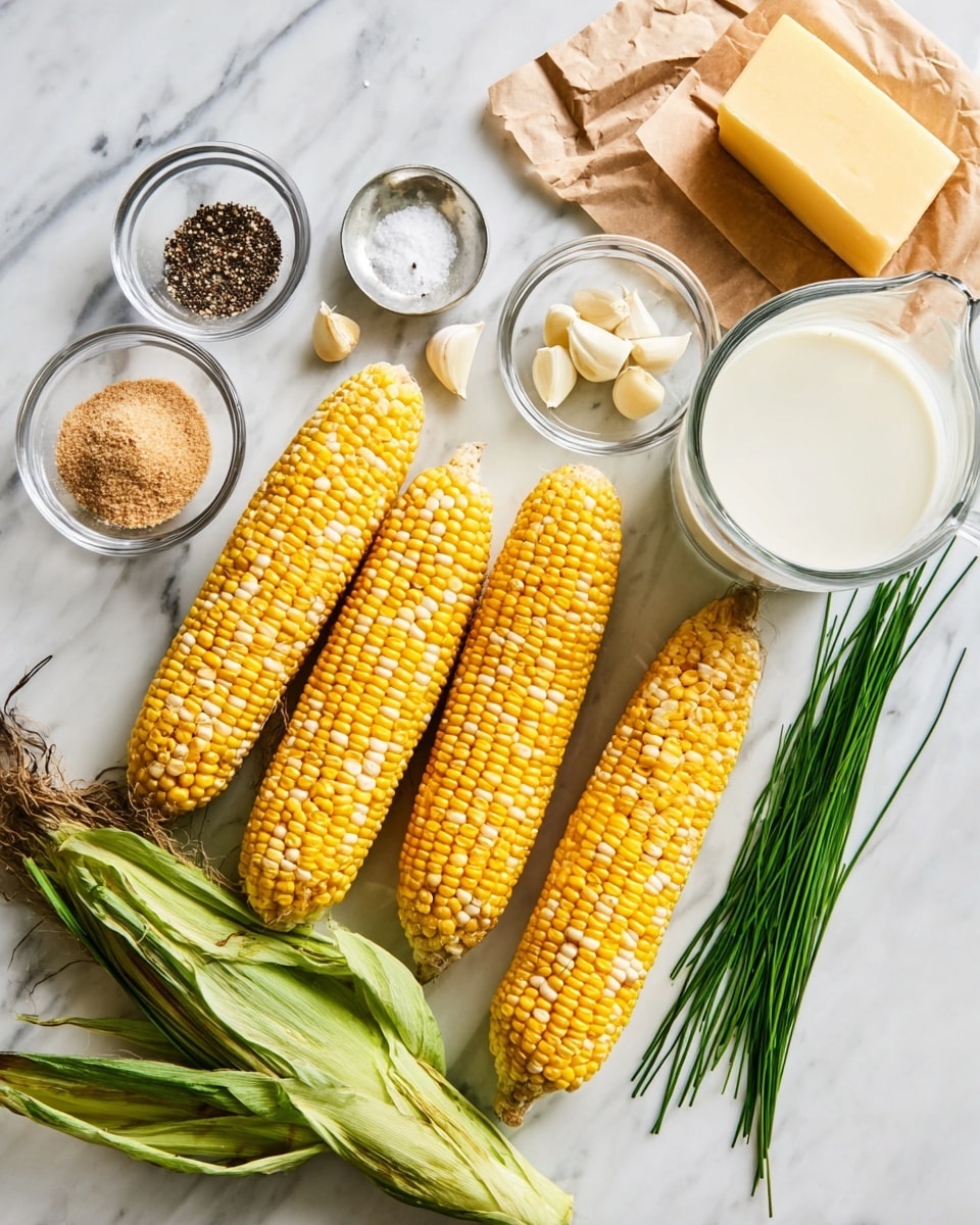 The image shows seven ears of corn with yellow and white kernels, some still partly wrapped in light green husks, arranged on a white marbled surface. Above the corn, there is a clear glass mixing cup filled with white milk on the right side. Near the top center, there are three garlic cloves, next to a small glass bowl of white sea salt and another small glass bowl with coarse black pepper. To the left, there is a small bowl of light brown sugar and fresh green chives lying flat beside it. In the top right corner, a block of yellow cheese is partially wrapped in brown paper. The overall setting is bright and clean, with natural light highlighting the colors and textures. photo taken with an iphone --ar 4:5 --v 7