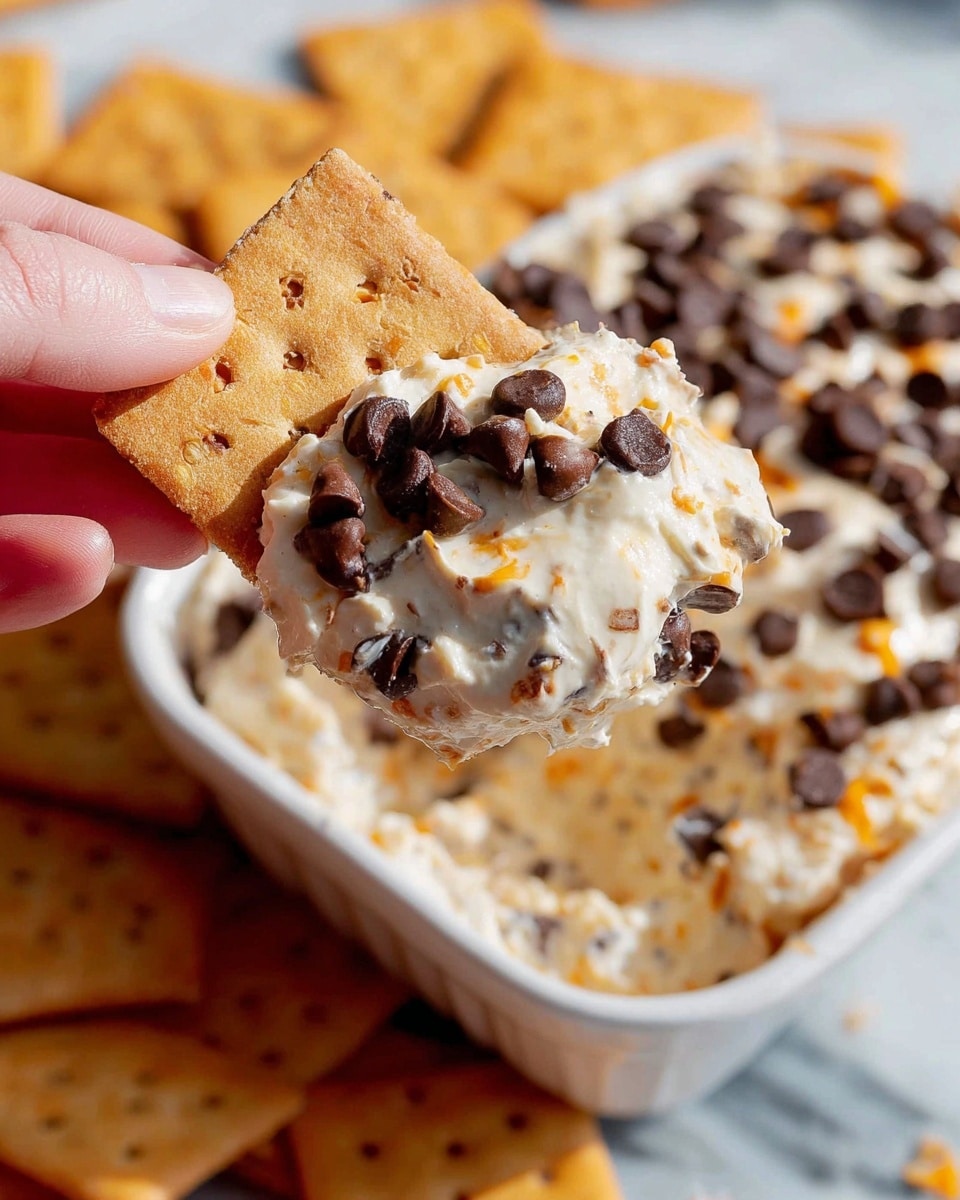 A close-up shows a woman's hand holding a square, light brown cracker with a rough texture, scooping a creamy white dip that is thick and filled with small orange bits. The dip is generously covered with dark brown chocolate chips on its surface. In the background, there is a white dish filled with the same creamy dip loaded with chocolate chips, sitting on a white marbled surface. More light brown crackers are spread around the dish. Photo taken with an iphone --ar 4:5 --v 7