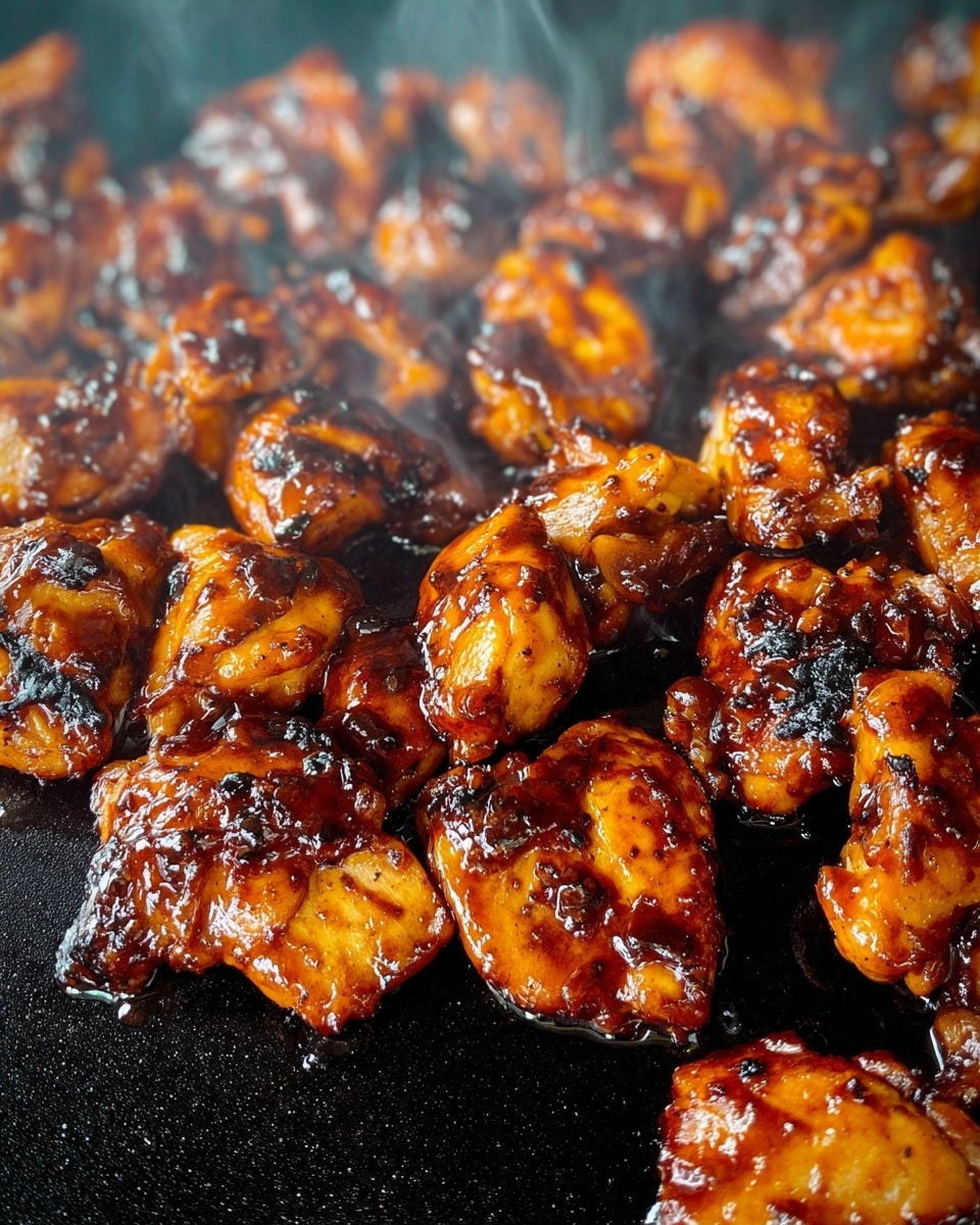 The image shows many small pieces of grilled chicken covered in a shiny, thick brown sauce with charred marks. The chicken pieces are placed closely together on a dark cooking surface with some smoke rising around them, giving a sense of heat and grill flavor. The chicken looks glazed with a mix of caramelized and slightly blackened spots from the cooking process, making it look juicy and flavorful. Photo taken with an iphone --ar 4:5 --v 7
