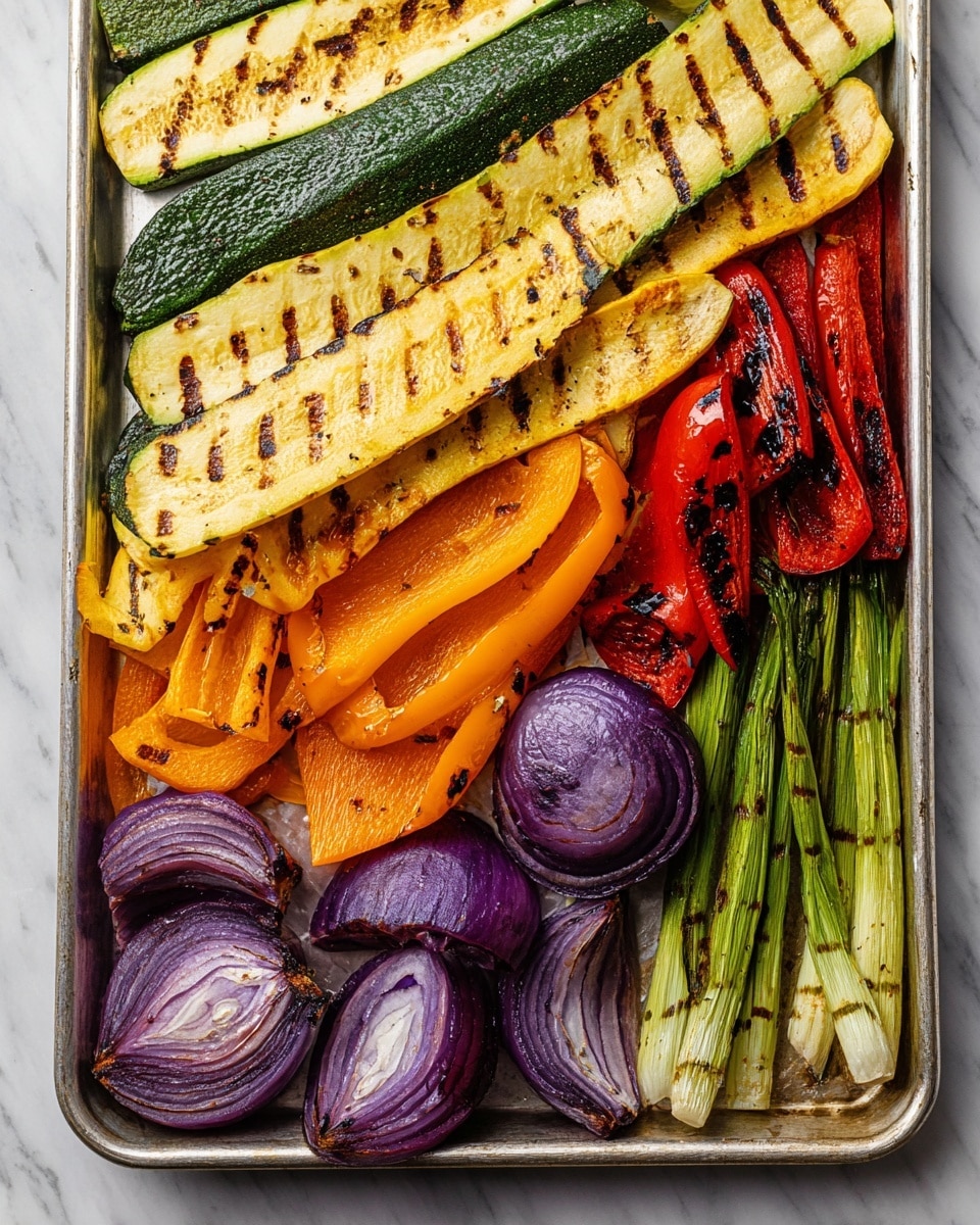 A white plate sits on a white marbled surface, filled with grilled food arranged in layers: at the bottom left, there is a large, round, purple-red grilled onion with visible grill marks and small green onion pieces on top; above it, thick slices of grilled yellow squash and green zucchini are stacked, each piece showing light grill char and sprinkled with green onion bits. Next to the vegetables is a grilled pork chop that is light brown with darker grill marks and small green herb sprinkles. A few long, charred green onion stalks stretch across the top of the plate, resting partly on the vegetables and meat. Photo taken with an iphone --ar 4:5 --v 7