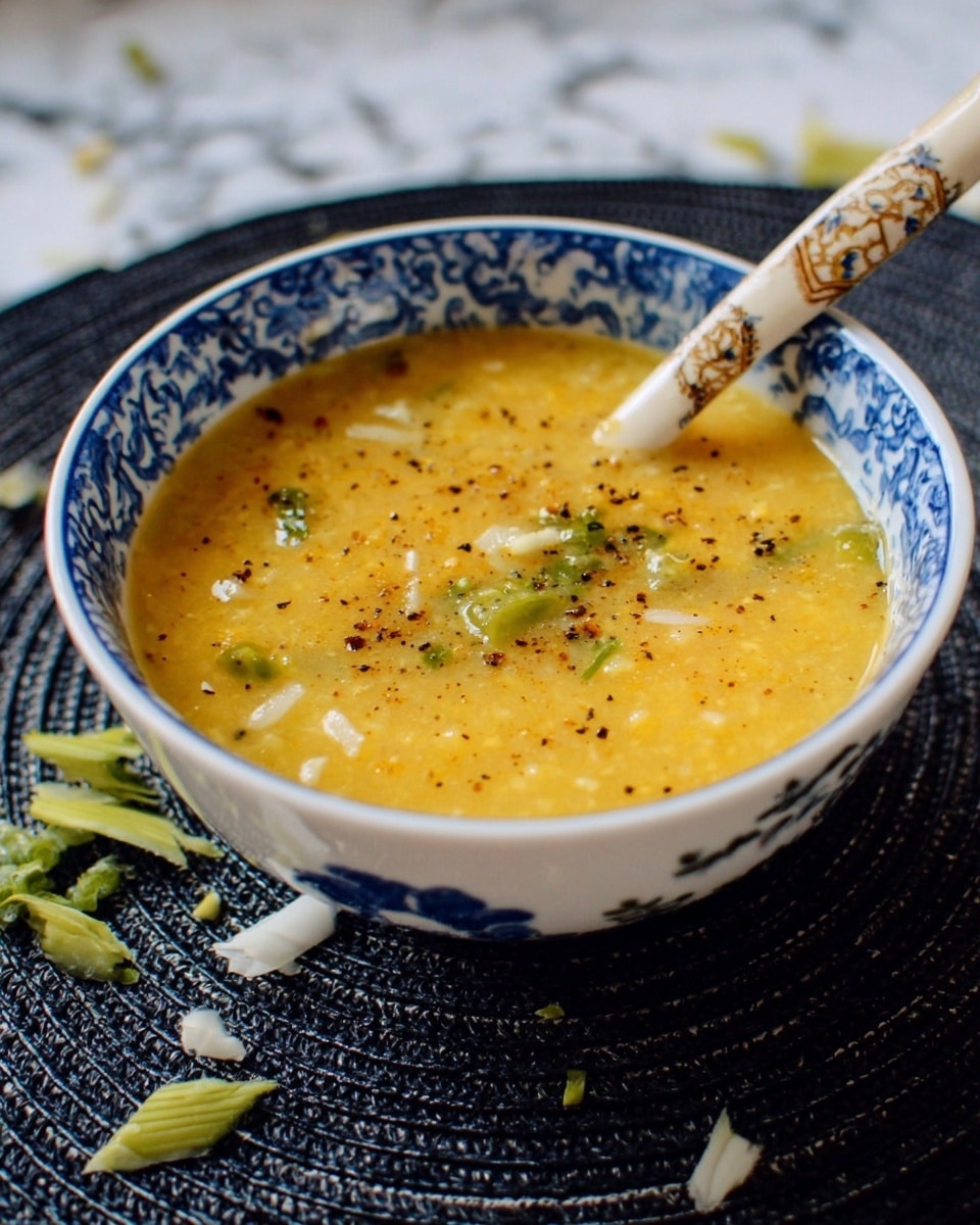 A white bowl with blue patterns holds a yellow soup with a smooth, slightly thick texture. Inside the soup, there are small white pieces that look soft and mixed in throughout. On the surface, dark specks of pepper and small green leaves add contrast and color. A beige spoon with blue and brown patterns is placed inside the bowl, resting on the edge. The bowl sits on a dark woven mat, and small bits of green and white vegetables are scattered around on a white marbled surface. photo taken with an iphone --ar 4:5 --v 7