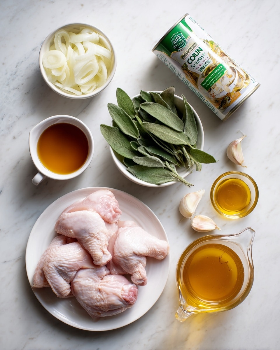 The image shows several cooking ingredients arranged on a white marbled surface. In the bottom left corner, there is a white plate with three raw pink chicken pieces. Above it and slightly left, a small white bowl holds light-colored sliced onion strips. To the right of the onion bowl, a can of coconut milk with a green label is tilted on its side. Below the can, a small white bowl is filled with fresh green sage leaves. Next to it, two peeled garlic cloves lay directly on the surface. Below the garlic, a transparent measuring jug contains a golden brown chicken broth. To the left of the jug and sage bowl, a small dish contains amber maple syrup. Above the broth jug, a small glass container holds golden olive oil. Each ingredient is neatly placed and clearly visible, creating a clean and organized layout. Photo taken with an iphone --ar 4:5 --v 7