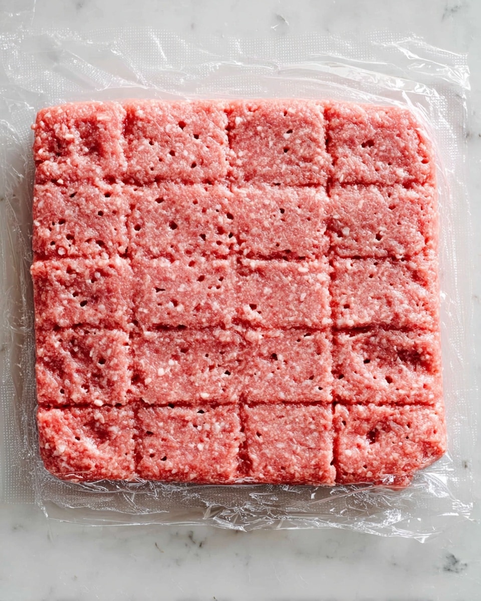 The image shows a single thin layer of raw ground meat, spread out in a rectangle with rough edges on a white marbled surface. The meat is light pinkish-red and has small holes evenly spaced all over it. The surface underneath the meat is covered with a layer of clear plastic wrap. The shape is divided into smaller rectangular sections marked by shallow lines pressed into the meat. Photo taken with an iphone --ar 4:5 --v 7