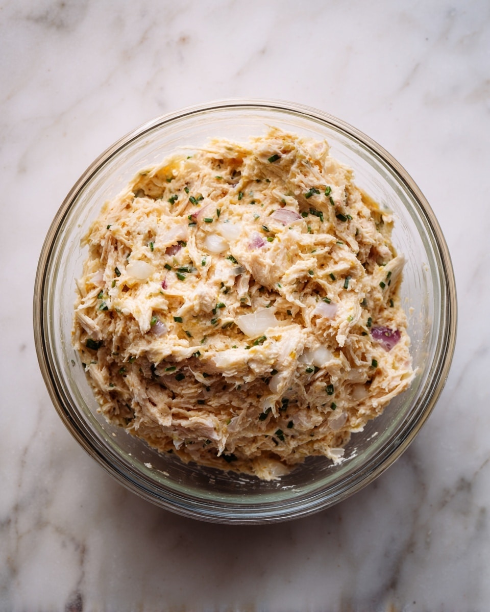 A clear glass bowl sits on a white marbled surface, filled with a creamy mixture that has a thick, slightly chunky texture. The mixture shows layers of pale beige and white with flecks of green herbs scattered throughout. Pieces of shredded meat and small bits of white onion are visible, all mixed together in a smooth, light sauce. The overall look is dense but soft, with some strands and chunks creating a varied texture in the blend. photo taken with an iphone --ar 4:5 --v 7