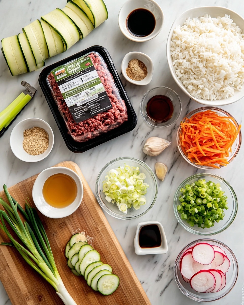 The image shows various fresh ingredients arranged neatly on a white marbled surface. At the center is a black package of ground beef with green and white labeling. Surrounding it are several clear and white dishes containing sliced red radishes, shredded orange carrots, chopped green onions, thinly sliced white and green scallions, minced garlic in a white bowl, sesame seeds, dark soy sauce, light brown powder, a small bowl of light amber liquid, and a clear liquid. A wooden board on the left holds long green cucumber ribbons and a vegetable peeler. In the top right corner, there is a large white bowl filled with fluffy white rice. photo taken with an iphone --ar 4:5 --v 7