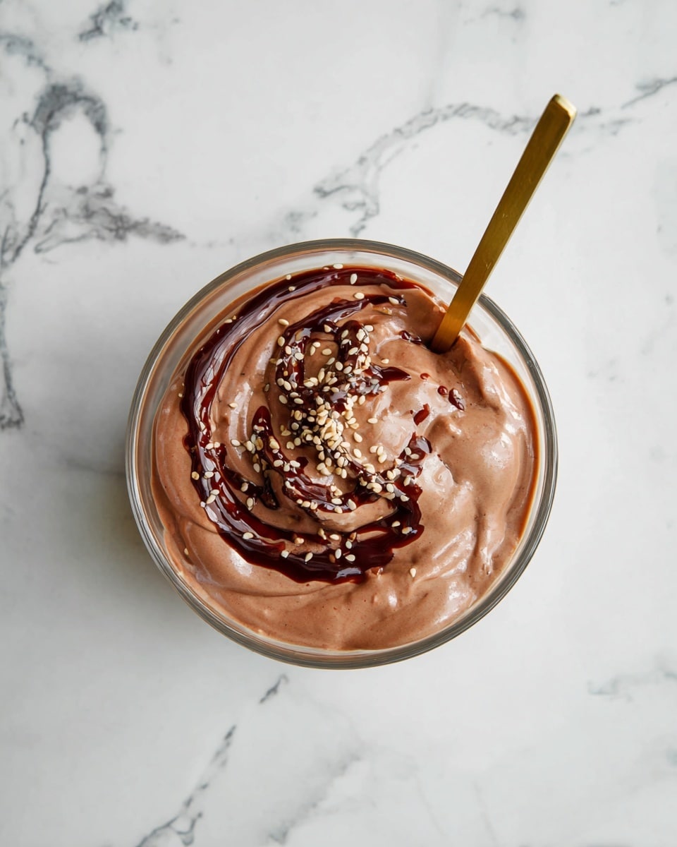 The image shows a clear glass bowl filled with smooth, light brown creamy chocolate mousse. On top of the mousse, there is a swirl of dark chocolate syrup and sprinkled small beige seeds, adding texture to the surface. A gold-colored spoon is inside the bowl, positioned near the center, slightly dipped into the mousse creating soft waves around it. The bowl is placed on a white marble surface with light grey veins, adding a clean and elegant background. photo taken with an iphone --ar 4:5 --v 7
