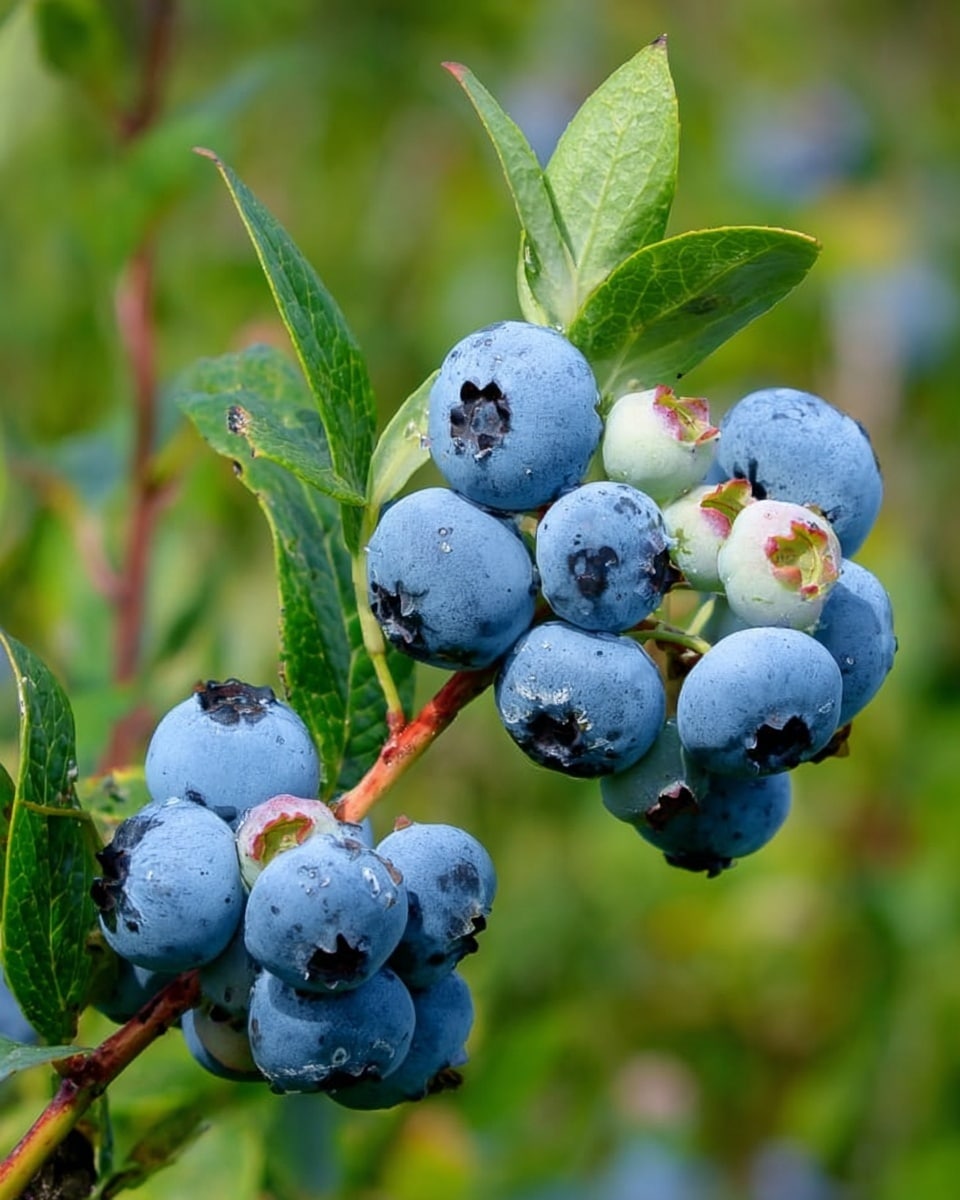 The image shows a close-up of a cluster of ripe blueberries on a branch. The blueberries have a smooth texture with a powdery light blue coating, and are round with small star-shaped ends. Surrounding the blueberries are green leaves with clear veins, arranged along thin green and brown stems. The background is a soft, blurry green, making the blueberries and leaves the main focus. photo taken with an iphone --ar 4:5 --v 7