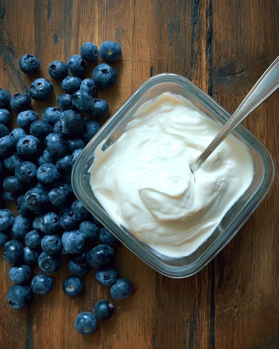 A small square clear glass bowl filled with thick white yogurt with a spoon inside stirring it, placed on a brown wooden surface next to a pile of fresh, round dark blue blueberries. photo taken with an iphone --ar 4:5 --v 7