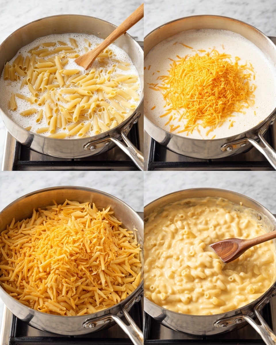 A cooking pan with short curved pasta pieces in four stages: the first layer shows boiled pasta in a silver pan with a wooden spoon, pale yellow and soft; the second layer adds creamy milk covering the pasta with bubbles starting to form; the third layer adds a large heap of shredded cheddar cheese, bright orange and stringy, melting into the mixture; the last layer shows thick, creamy mac and cheese with pasta coated in rich, smooth cheese sauce stirred by a wooden spoon. The pan rests on a black stove top, with the background being a white marbled texture; photo taken with an iphone --ar 4:5 --v 7