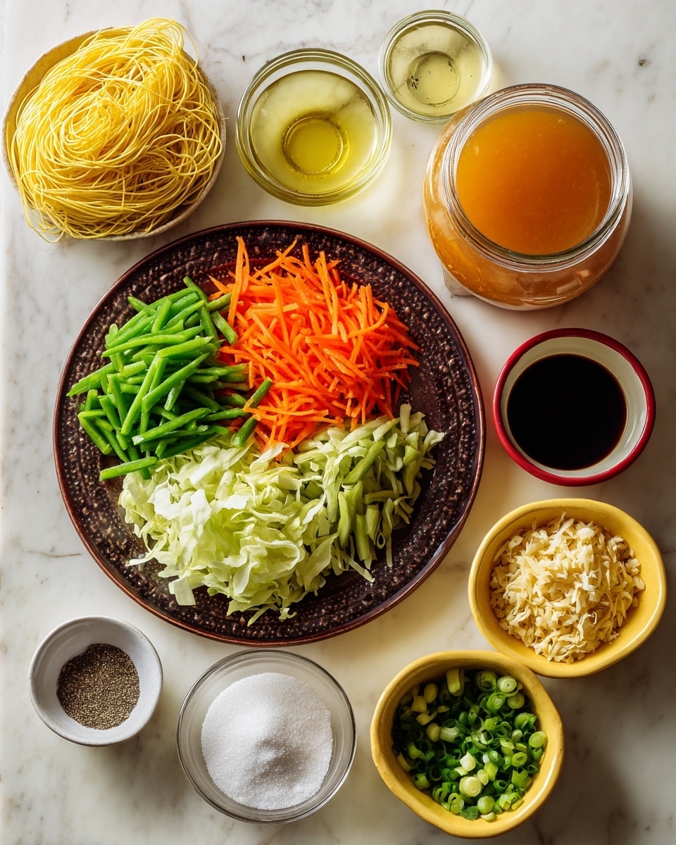 The image shows an organized layout of ingredients for a dish arranged on a white marbled surface. In the center left, there is a decorative dark brown plate holding five layers of chopped vegetables from top to bottom: light green celery, bright orange carrots, medium green bell pepper, pale green cabbage, and darker green beans. Surrounding this plate, there are small clear and white bowls and glasses containing various ingredients: at the top left, uncooked yellow noodles, a small glass of pale yellow oil, a small glass of dark soy sauce, a small glass of clear vinegar, a large glass jar of orange vegetable stock in the top right, a white bowl with light brown sugar, and a red bowl with white cornstarch powder. In the middle right, three yellow bowls hold minced ginger and chili mix, finely chopped garlic, and sliced green onions. Below the vegetable stock is a small white bowl with salt and black pepper mix. The whole scene is bright and clearly shows textures and colors. photo taken with an iphone --ar 4:5 --v 7