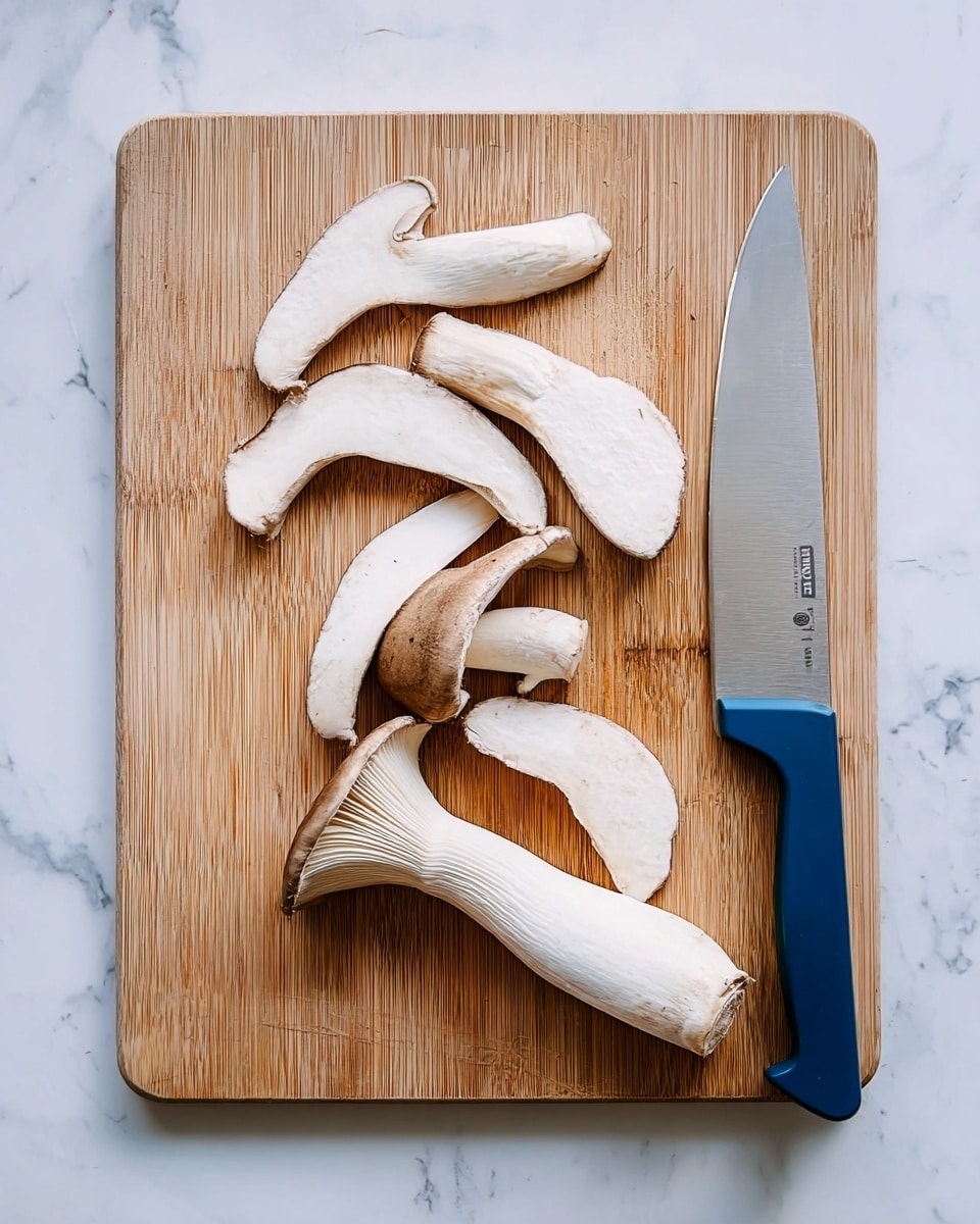 The image shows a wooden cutting board with six slices of king oyster mushrooms scattered on it. The mushrooms have white thick stems and light brown caps, showing a firm and smooth texture. A large knife with a blue handle rests on the cutting board, positioned horizontally with the blade near the mushrooms. The cutting board is placed on a white marbled surface that adds a clean look to the scene. photo taken with an iphone --ar 4:5 --v 7