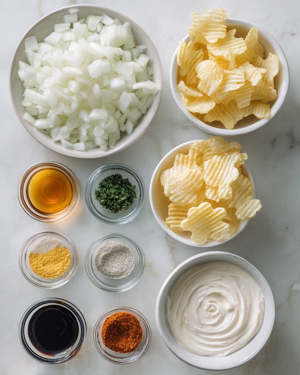 The image shows a top view of a white marbled surface with several bowls and small glass containers arranged neatly. There is a large white bowl filled with chopped white onion pieces, a medium white bowl holding crinkle-cut potato chips, and a small white bowl containing a creamy white substance, likely sour cream, with smooth texture and swirls on top. Around them, small clear glass bowls and containers hold butterfly-shaped butter, green chopped herbs, black pepper, coarse white salt, reddish orange spice, garlic powder, onion powder, honey, and dark soy sauce. The colors range from white and pale yellow to rich amber and dark brown, all placed evenly with good lighting that highlights the textures and colors. Photo taken with an iphone --ar 4:5 --v 7