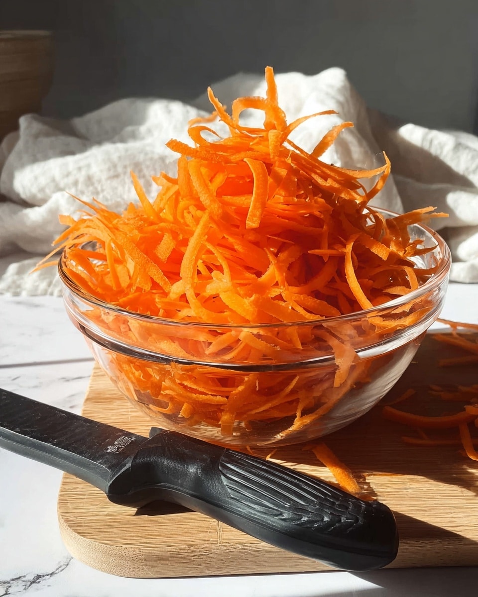 A clear glass bowl filled with many thin, curly orange carrot strips piled high, showing different lengths and some curls on top, sits on a wooden board in strong sunlight. Next to the bowl is a black peeler with a textured handle. The background is a white marbled surface with soft shadows and a white cloth draped behind it. Photo taken with an iphone --ar 4:5 --v 7