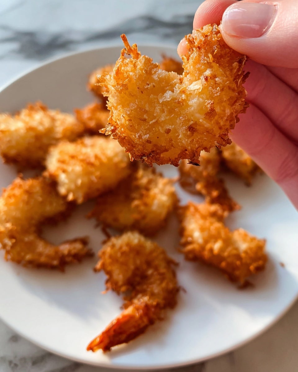 A close-up of a woman's hand holding a small, golden-brown crispy fried shrimp with a rough and crunchy texture on the outside. In the background, a white plate is filled with several more pieces of the same fried shrimp, all showing the same golden, crispy coating with visible flaky bits. The plate sits on a white marbled surface. The lighting highlights the crunchy texture and warm color of the fried shrimp. photo taken with an iphone --ar 4:5 --v 7