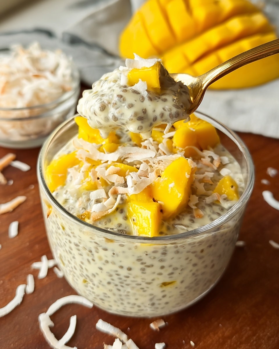 A clear glass bowl filled with a thick, creamy mixture of chia seeds soaked in a pale yellow liquid, topped with bright yellow mango cubes and white toasted coconut flakes that add texture and contrast. A gold spoon lifts a scoop of the creamy chia pudding mixed with mango pieces and coconut flakes, held above the bowl. The bowl sits on a brown wooden surface with scattered coconut flakes around, and in the background, there is a small clear bowl of shredded coconut and some mango slices on a white marbled texture. The lighting highlights the smooth and chunky textures of the dish. Photo taken with an iphone --ar 4:5 --v 7