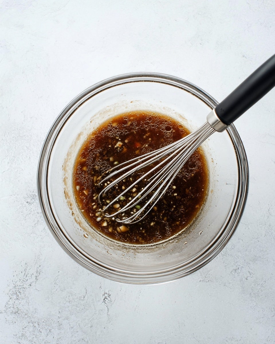 A clear glass bowl contains a dark brown sauce with visible small pieces of chopped ingredients and bubbles on the surface. A silver whisk with a black handle rests inside the bowl, partially submerged in the sauce. The bowl is placed on a white marbled textured surface, creating a clean and simple background. photo taken with an iphone --ar 4:5 --v 7