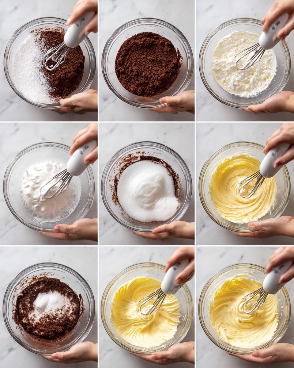 A sequence of eight images shows the process of making a dessert mixture in a clear glass bowl held by a woman's hands against a white marbled background. The first layer is a dry cocoa powder mix with a rough texture, dark brown in color. The second and third layers show beaten egg whites turning from a foamy white to soft peaks with a smooth and airy texture as the woman uses a hand mixer. The fourth image captures stiff, glistening white egg whites bubbly and firm. The fifth and sixth images show the addition of a yellow, creamy batter being gently folded into the egg whites with a spatula, creating a light and airy mixture with a swirled texture and pale yellow and white colors. The seventh image shows the cocoa powder mixture being folded gently into the yellow whipped batter, blending dark brown and yellow with a light, fluffy texture. The final image presents the fully mixed light chocolate batter with a smooth, creamy texture and light brown color ready to use, all together in the glass bowl. Photo taken with an iphone --ar 4:5 --v 7