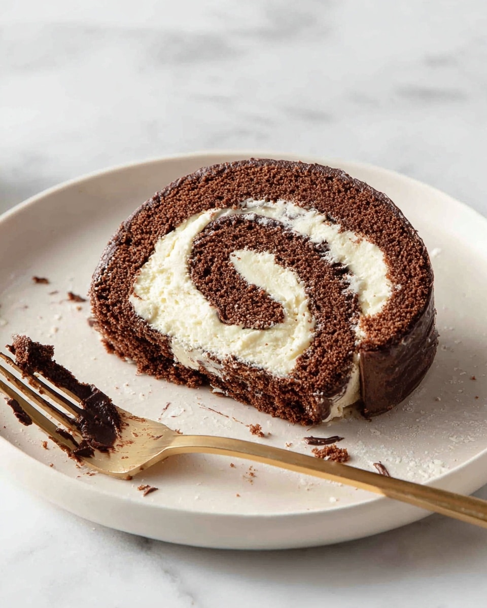A slice of chocolate roll cake is placed on a white plate over a white marbled surface. The cake has two main layers forming a spiral: a light brown chocolate sponge layer that is soft and moist, wrapping around a thick, creamy white filling in the center. The outside edge of the cake is coated with a thin layer of dark chocolate. There are some crumbs and bits of cream scattered on the plate near the cake. A gold fork with dark chocolate stains rests beside the slice on the plate. Photo taken with an iphone --ar 4:5 --v 7