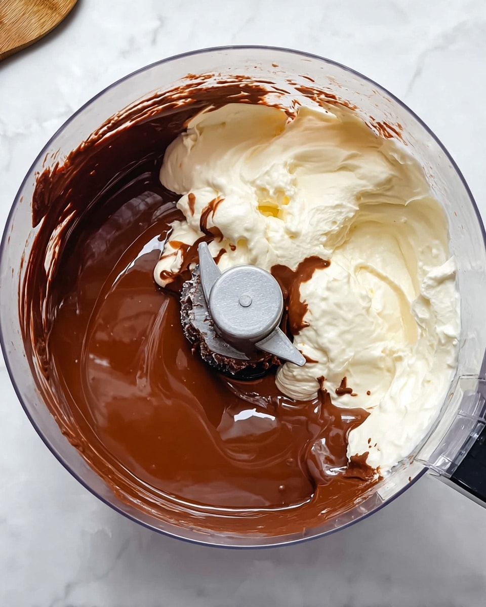 A clear food processor bowl filled with two main layers: melted smooth dark brown chocolate on one side and thick white cream or butter on the other side, both sitting unmixed. The chocolate layer has a shiny, wet texture, while the white cream looks soft and solid with a few spots of chocolate dripping onto it. The food processor blade is visible in the center, partially covered with some chocolate. The bowl sits on a white marbled surface, with a small part of a wooden spoon in the top left corner. Photo taken with an iphone --ar 4:5 --v 7
