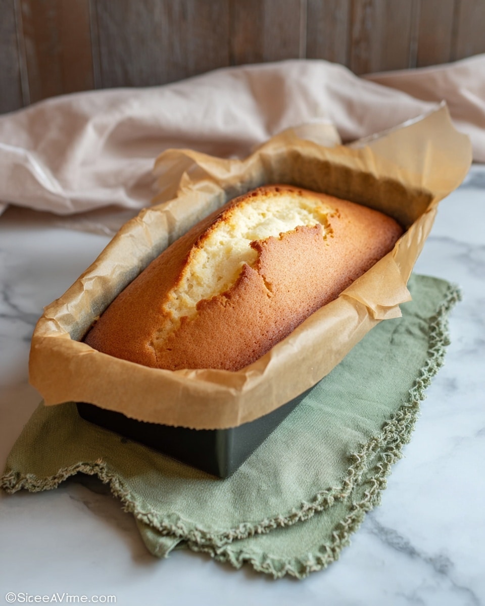 A single loaf of light golden brown cake with a cracked top sits in a rectangular black pan lined with parchment paper that curls up over the edges. The cake has a soft, airy texture with a lightly browned crust that contrasts the pale, creamy inside. The pan is placed on a folded green cloth with scalloped edges, all set on a white marbled surface. In the background, a soft beige cloth is loosely spread, with a wooden panel wall behind it. Photo taken with an iphone --ar 4:5 --v 7