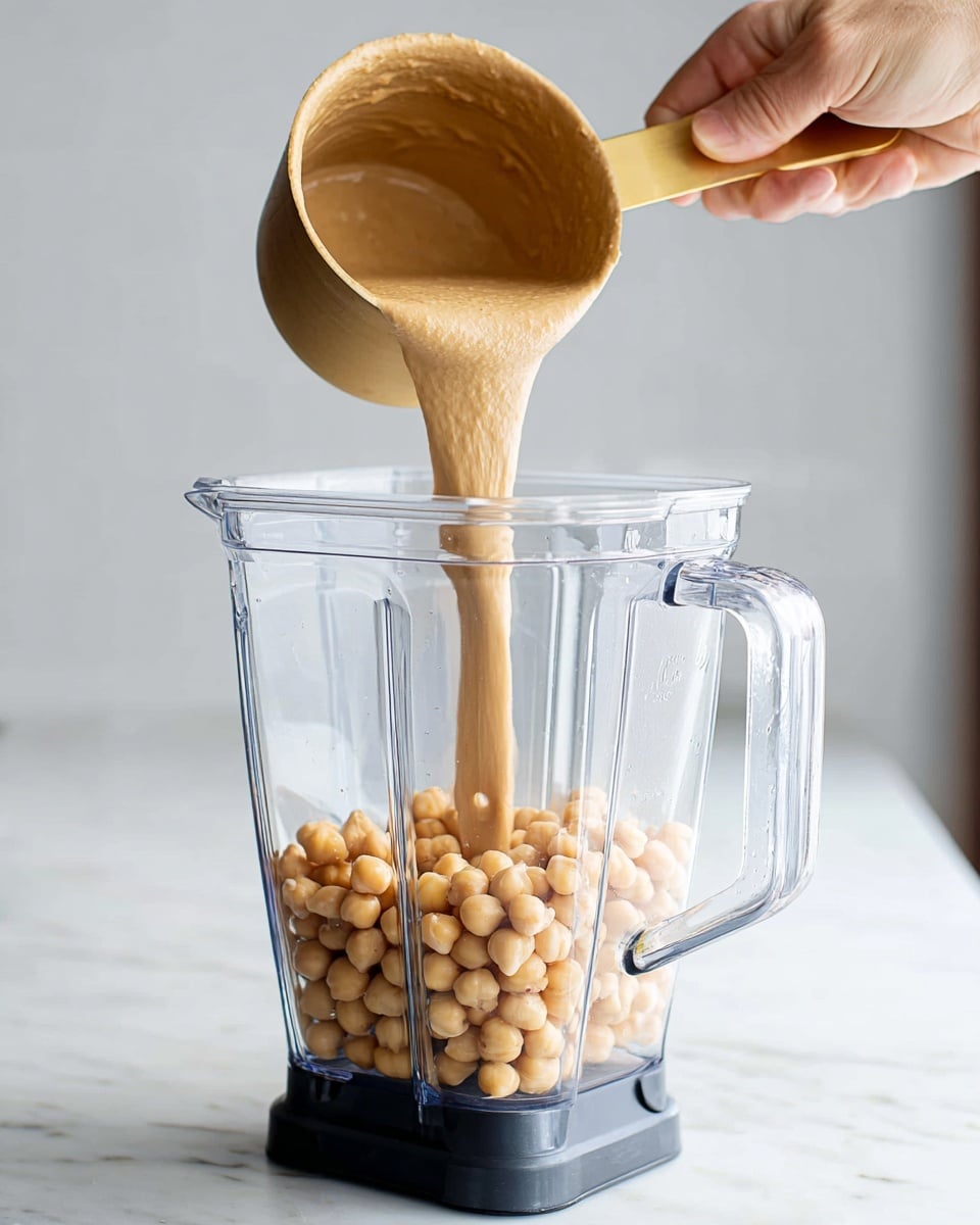 A clear blender container is half filled with light beige chickpeas as the first layer. Above the chickpeas, a thick, creamy light brown sauce with a smooth texture is being poured from a golden measuring cup held by a woman's hand positioned at the top right side of the image. The background shows a simple white marbled surface, enhancing the focus on the pouring action and the ingredients inside the blender. Photo taken with an iphone --ar 4:5 --v 7