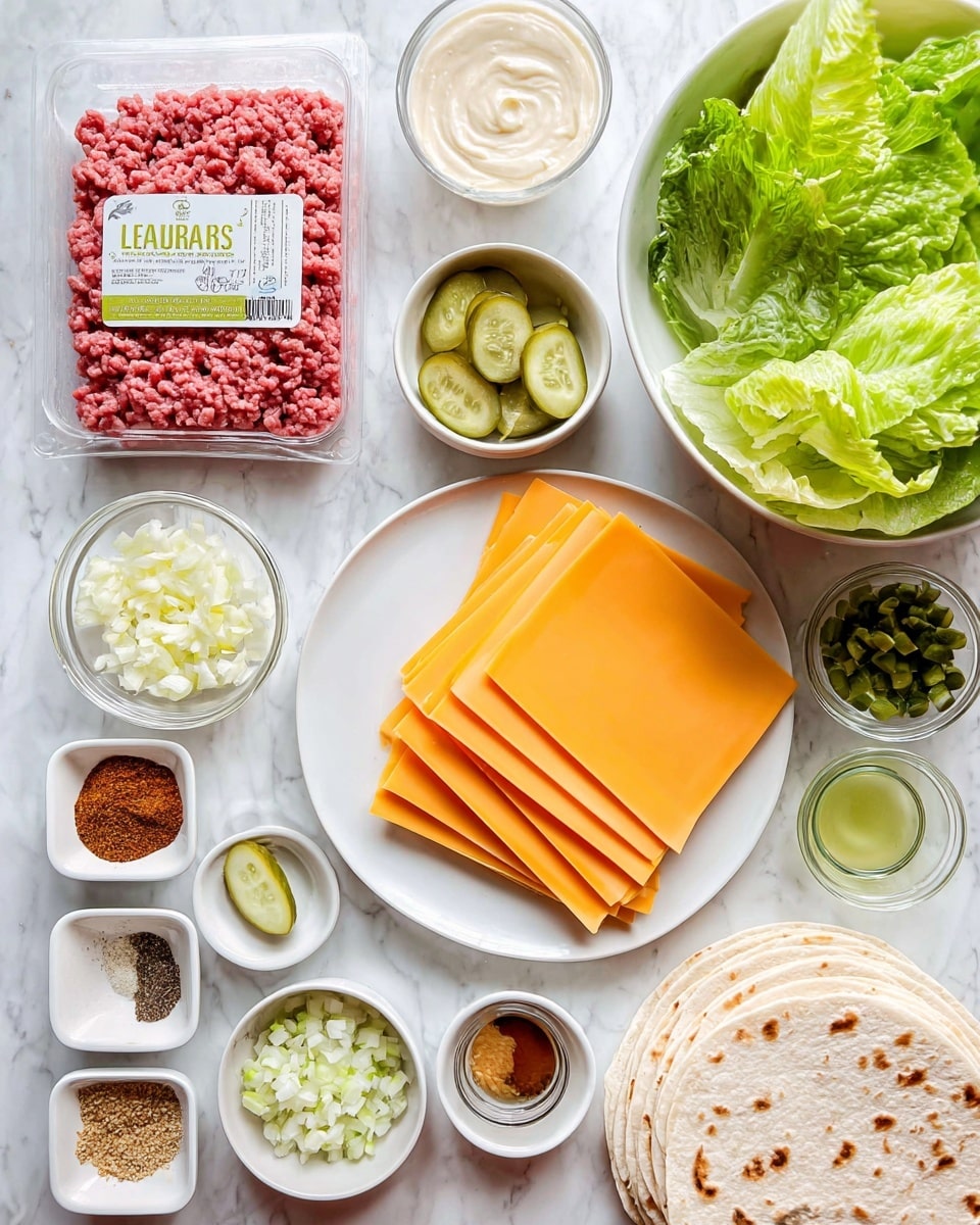 The image shows various ingredients neatly arranged on a white marbled surface. In the center-right, there is a white plate with layered, folded slices of bright orange cheese. To the top-right, a white bowl holds chopped green leafy lettuce. Below and slightly to the left of the cheese is a plastic package containing raw, pink ground beef. Surrounding these main items are small white bowls with different ingredients: sliced green pickles, creamy white sauce, finely chopped onions, finely chopped pickles, a light green liquid in a small glass bowl, a dark brown liquid in a small glass bowl, and several spices in small white bowls including black pepper, salt, light brown seasoning, orange-red spice, and pale yellow seasoning. There is also a stack of white tortillas on the bottom right. Everything is presented cleanly and clearly visible. Photo taken with an iphone --ar 4:5 --v 7