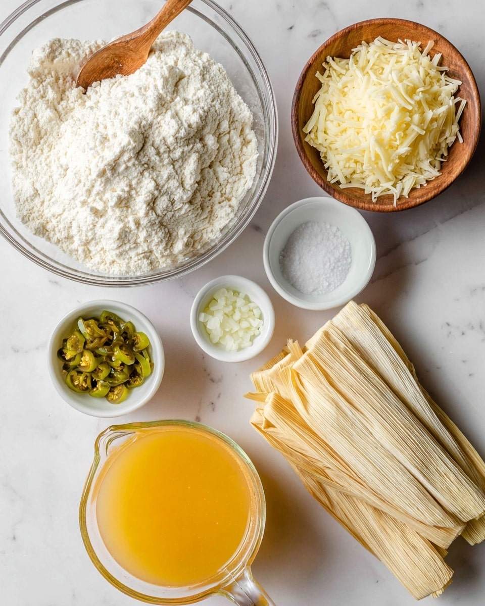 A top-down view of several cooking ingredients arranged neatly on a white marbled surface. On the left, a large clear bowl filled with white flour has a wooden spoon resting inside, showing a textured mound of flour. Next to it, a small white bowl contains chopped green chili peppers, and beside that is a tiny white bowl holding white salt. Above the flour bowl, a wooden bowl is filled with shredded pale yellow cheese, showing soft and fine strands. Towards the center right, a stack of light beige, slightly textured dried corn husks lies horizontally, with their natural lines visible. Below, a glass measuring cup filled with orange-yellow liquid, likely broth, sits clearly on the surface. The whole scene is well-lit with soft natural light, highlighting the colors and details of each ingredient photo taken with an iphone --ar 4:5 --v 7