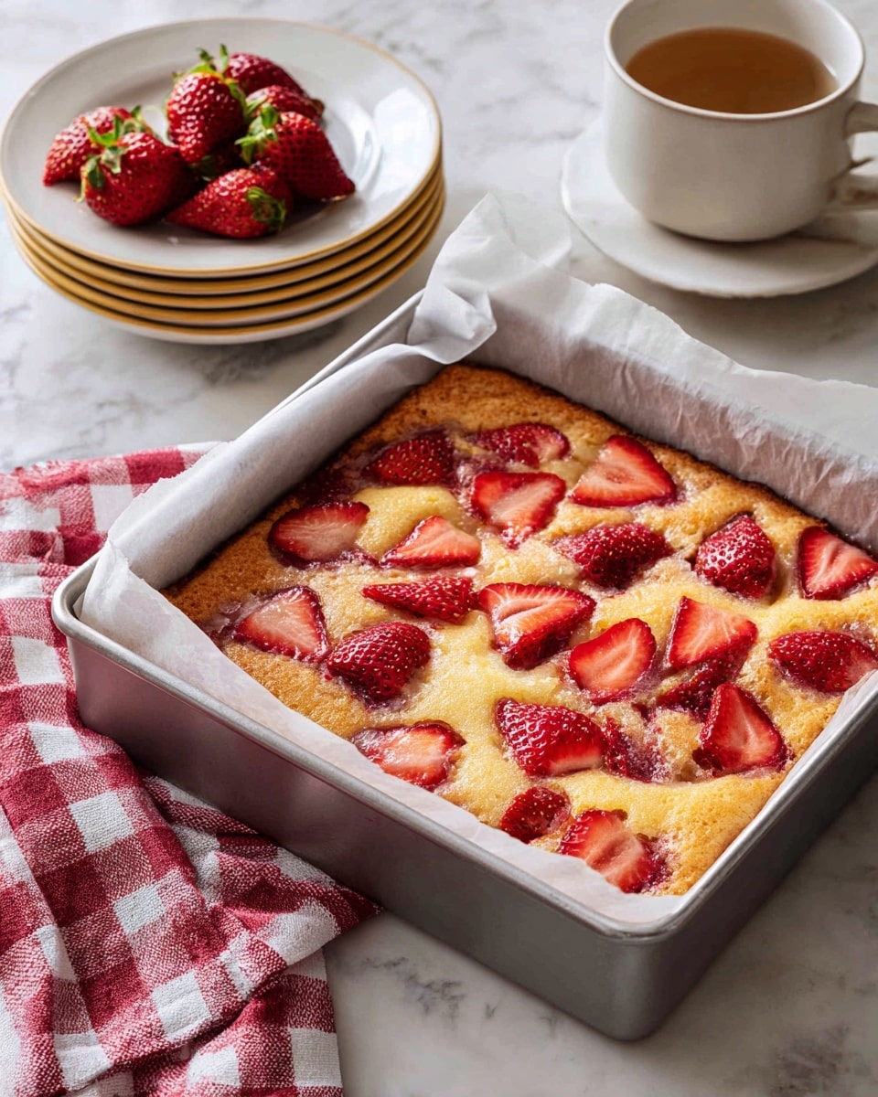 A square cake with a golden brown top layer that looks soft and fluffy, covered with scattered slices of fresh red strawberries pressed into the surface. The cake is inside a silver metal baking pan lined with white parchment paper on the sides, resting on a table with a white marbled texture. Next to the pan are three stacked white plates with a slight yellow edge and a cup of light-colored liquid, possibly tea or coffee. A red and white checkered cloth is placed near the bottom edge of the frame. photo taken with an iphone --ar 4:5 --v 7