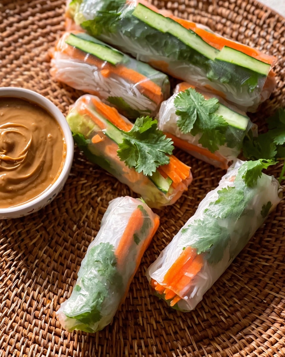The image shows fresh spring rolls placed on a woven brown mat. Each roll is translucent, revealing layers inside: thin white rice noodles, bright orange carrot strips, long green cucumber slices, and fresh green cilantro leaves on top of some rolls. One spring roll is whole, showing a large cilantro leaf with a smooth texture near the center, while the others are cut into smaller pieces showing the colorful layers inside. To the left, there is a small white bowl filled with creamy, light brown peanut sauce with a smooth but slightly chunky texture. The scene is bright and fresh. photo taken with an iphone --ar 4:5 --v 7