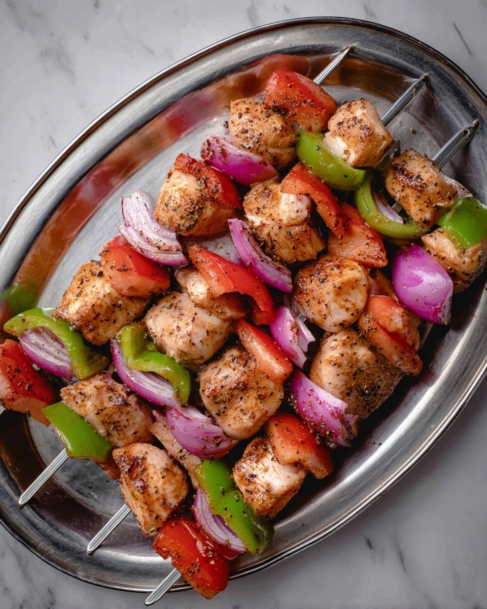 The image shows five metal skewers on a shiny silver oval plate with raw seasoned chicken pieces in light pink, layered with red bell pepper slices, green bell pepper slices, and purple onion slices. Each skewer starts and ends with a purple onion slice, with chicken chunks and colorful bell pepper pieces placed in between. The chicken pieces are coated with black pepper and spices, giving a speckled brown look. The background is a white marbled texture. photo taken with an iphone --ar 4:5 --v 7