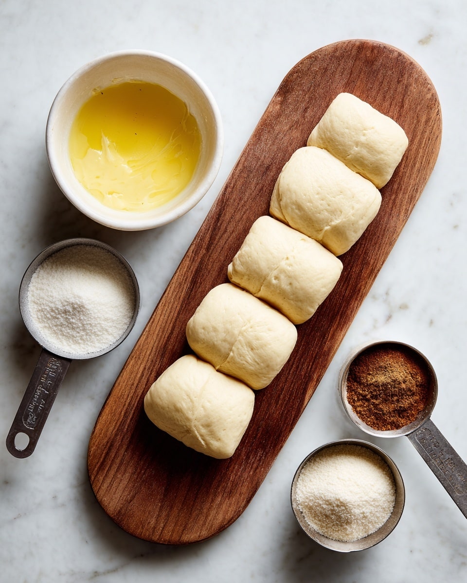 The image shows five small pieces of flattened dough, pale and smooth, arranged in a neat row on an oval wooden board placed on a white marbled surface. To the left of the board, there is a white bowl with melted yellow butter, a metal measuring cup filled with white sugar, and another smaller metal cup containing a fine brown spice, likely cinnamon. The scene is bright and clean, with simple colors and textures focusing on the dough and ingredients photo taken with an iphone --ar 4:5 --v 7