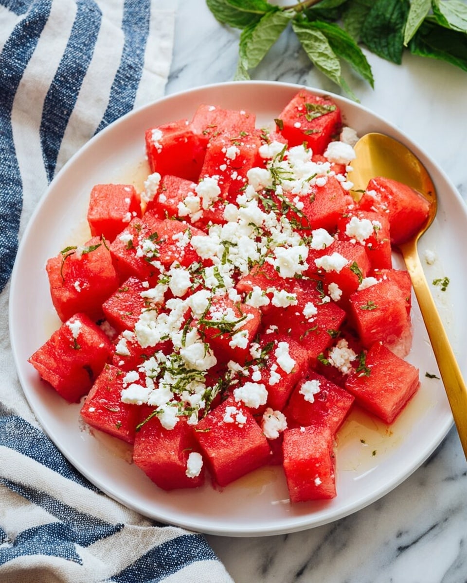 A white plate filled with many bright red watermelon cubes as the first layer, topped with white crumbled cheese scattered evenly on top, and sprinkled with small green herb pieces. A gold spoon rests on the right side of the plate. The plate is placed on a white marbled surface with green leaves and a striped blue and white cloth nearby. Photo taken with an iphone --ar 4:5 --v 7