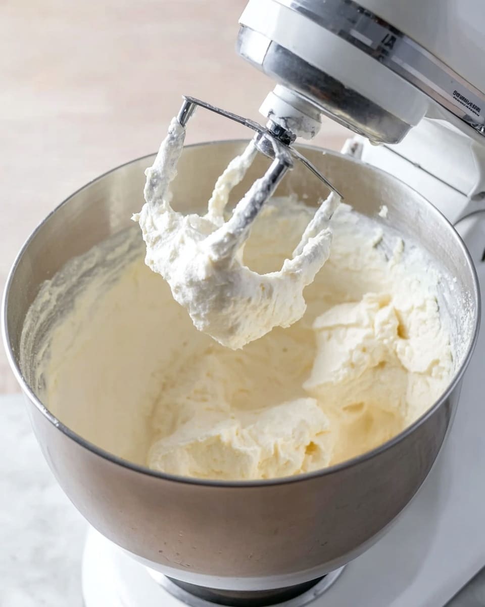 The image shows a close-up of a metal mixing bowl attached to a white stand mixer on a white marbled surface. Inside the bowl is a thick, creamy off-white mixture being whipped by a metal beater. The mixture has a smooth and fluffy texture with some small lumps, and it clings to the edges of the bowl and the beater. The background surface contrasts softly with the shiny metal and the creamy mixture photo taken with an iphone --ar 4:5 --v 7
