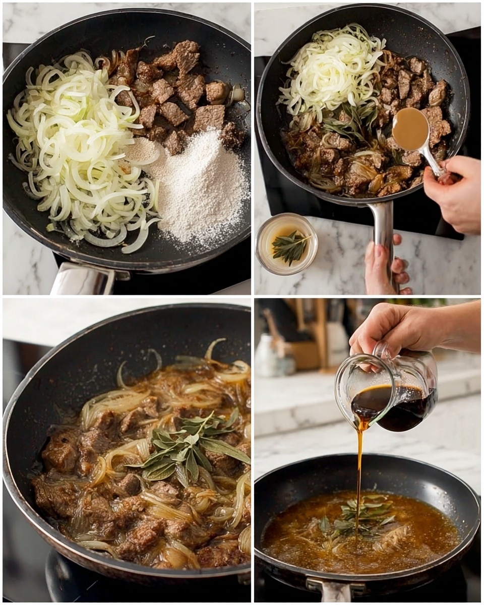 The images show a cooking process in a black pan with layers starting from browned pieces of meat at the bottom, followed by thinly sliced onions added on top. Then, white powder, likely flour, is poured over the meat and onions, creating a light dusted layer. Next, a light brown liquid broth is poured over, covering the meat and onions evenly. The mixture simmers into a thick brown sauce with floating green herbage leaves on top. The last image captures a woman’s hand pouring dark liquid, possibly soy sauce, over the simmering sauce in the pan. All this takes place on a white marbled surface, with a clear kitchen background. Photo taken with an iphone --ar 4:5 --v 7
