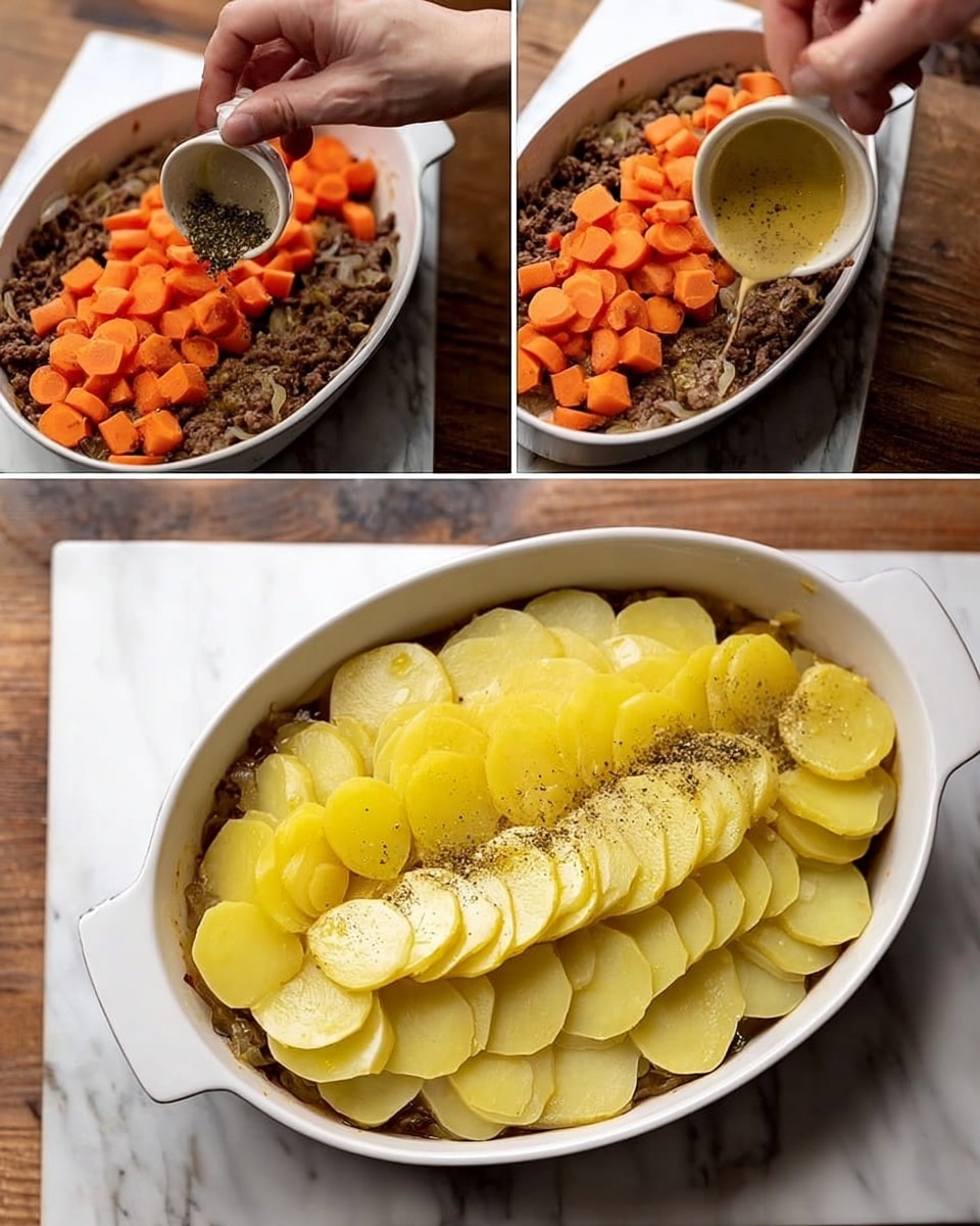 The image shows the making of a layered dish in a white oval baking dish on a wooden table with a white marbled surface. The first step has a layer of cooked brown meat mixed with onions poured from a pan, covering the dish base. On top of that, bright orange carrot chunks are added evenly over the meat layer. Next, thin, round slices of yellow potatoes are placed in a circular pattern covering the carrot and meat mixture about halfway across the dish. Another layer of round potato slices covers the whole dish, overlapping neatly. The potato slices are then brushed with a shiny liquid, likely oil or sauce, giving them a glossy look. Finally, a woman's hand sprinkles black pepper evenly over the top potato layer, ready for cooking. Photo taken with an iphone --ar 4:5 --v 7