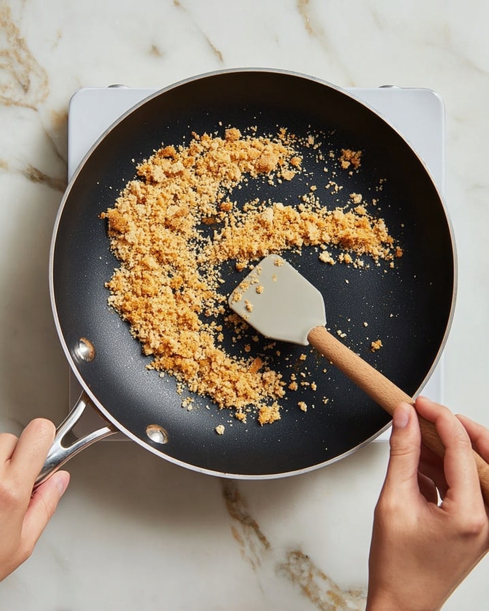 A black frying pan sits on a white marbled surface with small golden brown crumb pieces spread inside. A woman's hand is holding the pan's silver handle on the left side, while another woman's hand stirs the crumbs with a light gray spatula that has a wooden handle on the right side. The crumbs have a rough texture and are unevenly scattered, showing light to medium toasted shades of brown and yellow. The pan's shiny metal rim and white cooktop beneath add contrast to the scene. photo taken with an iphone --ar 4:5 --v 7