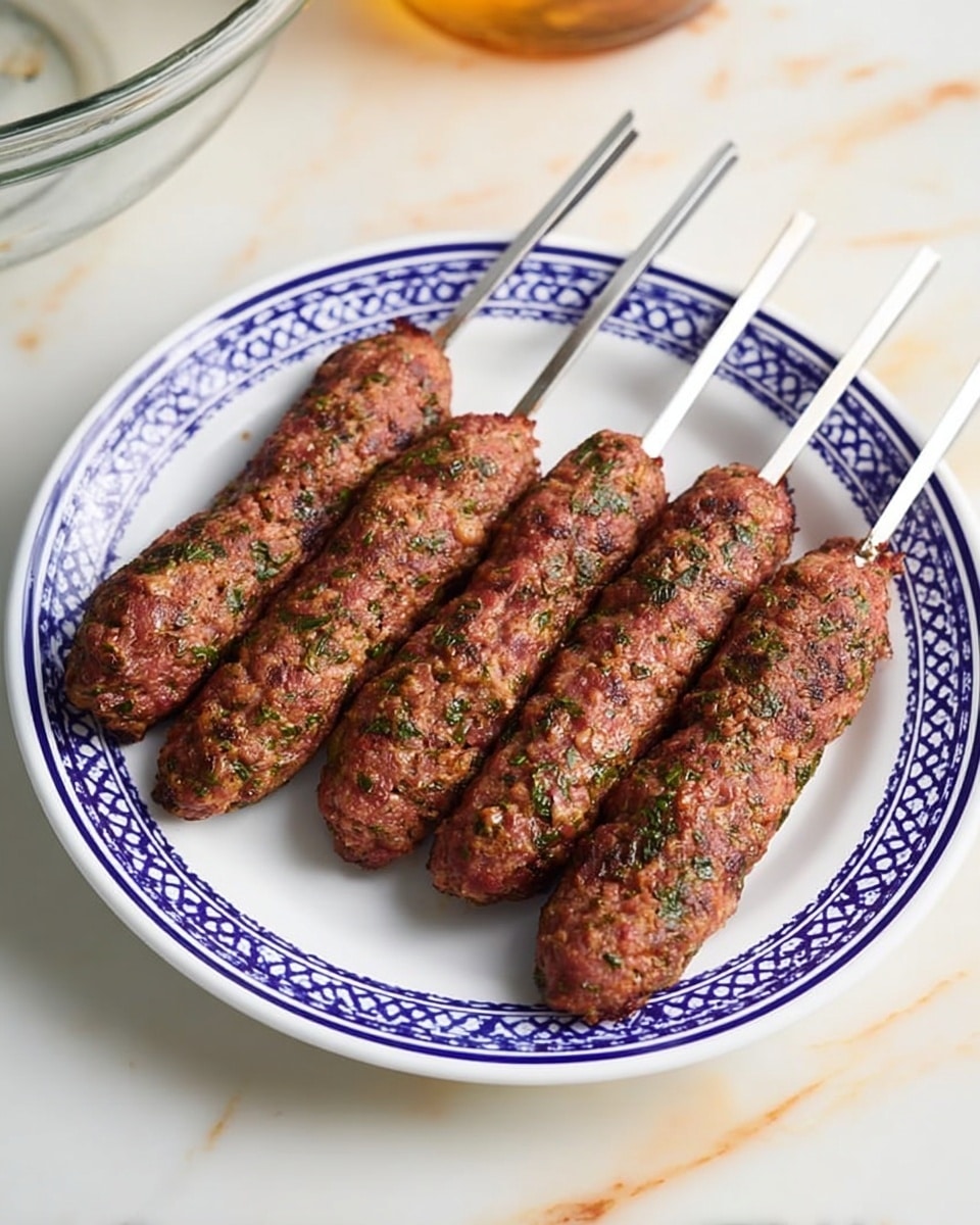Seven raw kebabs made of ground meat mixed with green herbs are shaped long and oval, each skewered on a thin metal stick. They are placed evenly spaced on a white plate with a blue chain-link pattern around its rim. The plate rests on a white marbled surface that shows faint veins of light tan. In the background, there is a glass bowl partially visible. The scene looks bright and clear, photo taken with an iphone --ar 4:5 --v 7
