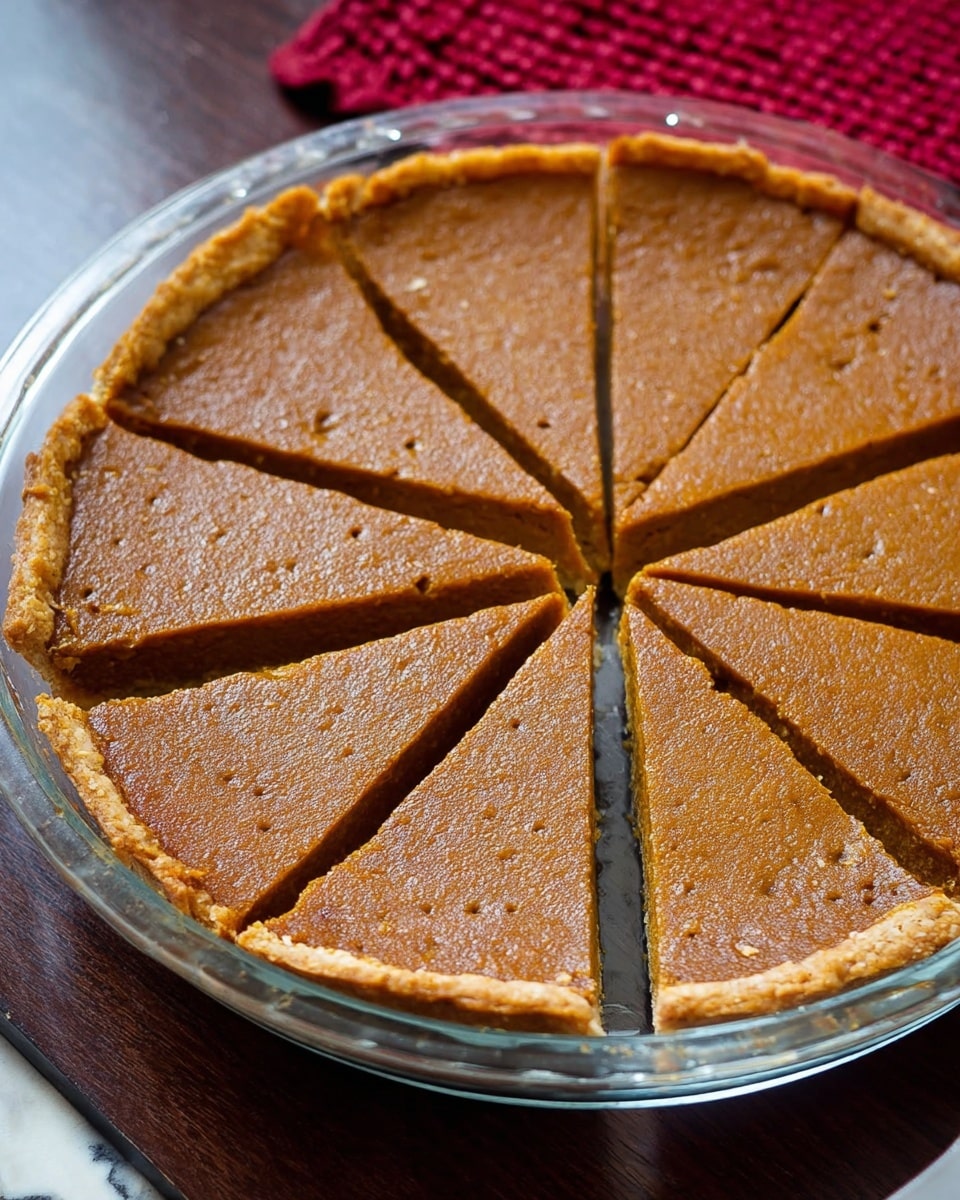 The image shows a pumpkin pie with eight slices arranged in a round clear glass pie dish. The pie has a smooth orange-brown surface with tiny specks and a slightly firm texture. The crust is thin, golden-brown, and evenly baked along the edges, forming a raised border around the filling. The pie dish sits on a dark wood table with a red textured cloth on the top right corner and a white marbled surface surrounding. Photo taken with an iphone --ar 4:5 --v 7