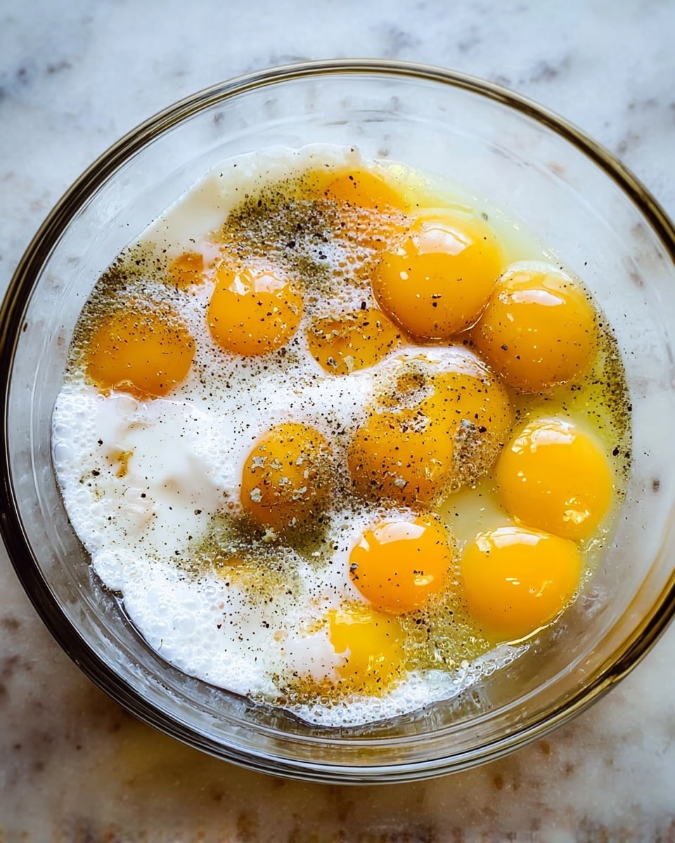 A clear glass bowl sits on a white marbled surface. Inside the bowl, there are ten raw egg yolks bright yellow in color, surrounded by the translucent egg whites. Near one side, a layer of white cream or milk contrasts with the eggs, sprinkled with a fine layer of black pepper. The textures show the smoothness of the egg yolks and the frothy cream, all evenly spread within the bowl. photo taken with an iphone --ar 4:5 --v 7