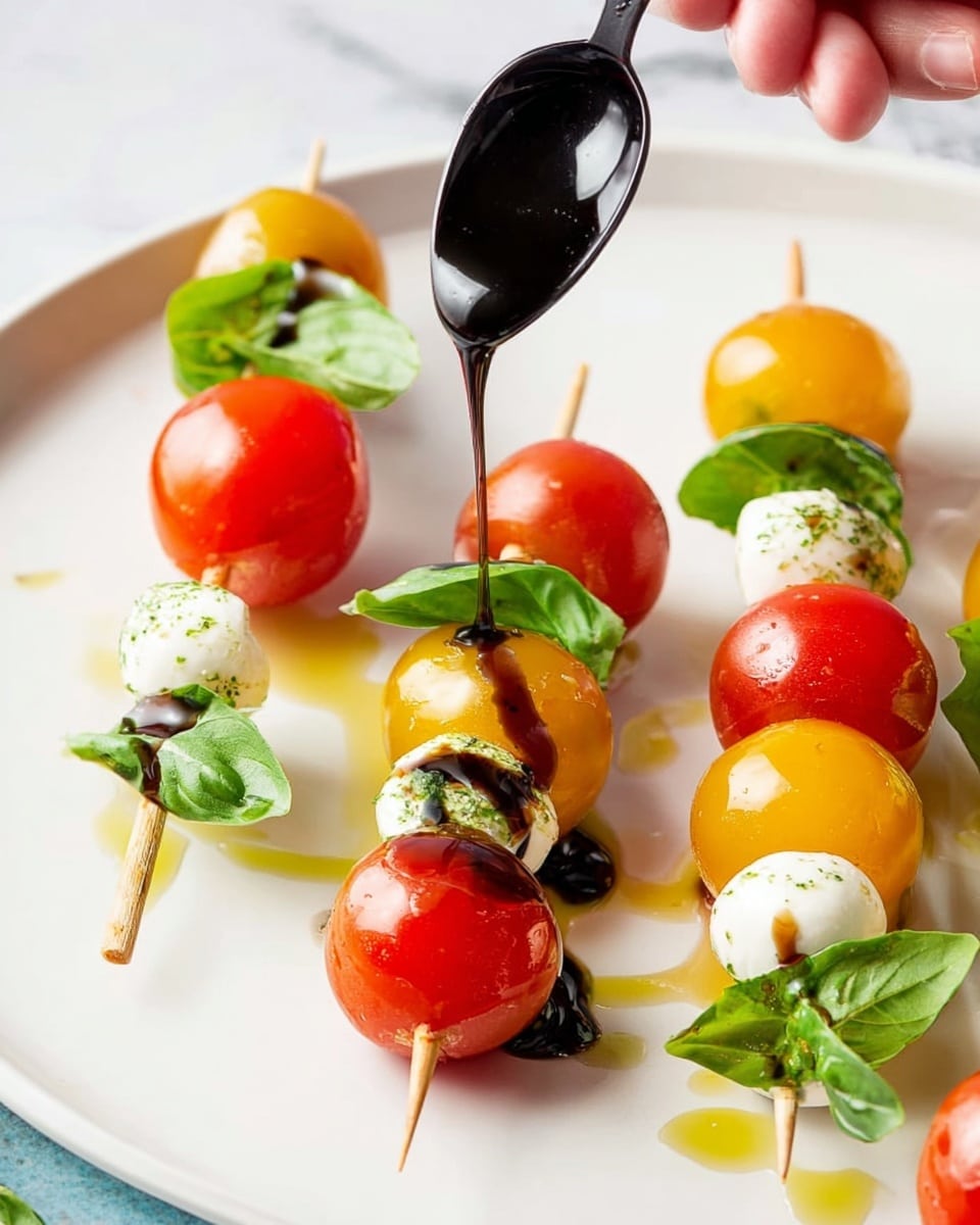 The image shows several small skewers arranged on a white plate with a white marbled background. Each skewer has three layers: a round yellow or red cherry tomato at the top, a fresh green basil leaf in the middle, and a white ball of mozzarella cheese at the bottom. A woman's hand holds a black spoon drizzling a dark, glossy balsamic glaze over the skewers, adding contrast with the light olive oil drizzled around them. The colors of the tomatoes are bright and shiny, the basil leaves look fresh and green, and the mozzarella balls are smooth and white, creating a colorful and fresh look photo taken with an iphone --ar 4:5 --v 7