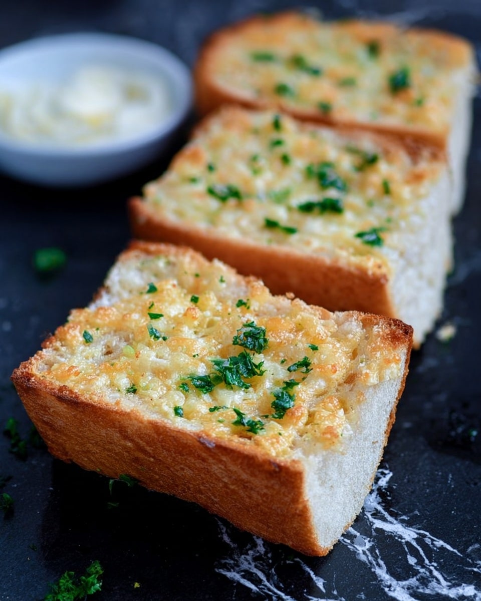 The image shows three thick slices of toasted white bread placed in a row on a dark surface with a white marbled texture visible around the edges. Each slice has a golden-brown crust on the sides and a textured top layer covered with melted light yellow cheese and small green parsley pieces scattered on top. The bread looks soft and fluffy inside with crisp toasted edges. In the background to the left, there is a small white bowl with white spread or sauce. The focus is on the closest slice, with the others slightly blurred behind it. Photo taken with an iphone --ar 4:5 --v 7