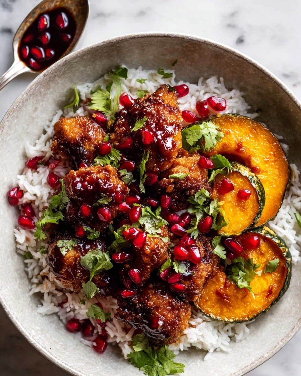 A white bowl holds a base layer of plain white rice, topped with crispy brown pieces of fried chicken glazed in a dark, shiny sauce. Bright red pomegranate seeds are scattered over the chicken, adding pops of color. On the side, thick slices of roasted orange squash rest on the rice, with some green fresh cilantro leaves placed on top for garnish. A silver spoon with some dark sauce and pomegranate seeds is partially visible in the upper left corner. The dish is set against a white marbled surface. Photo taken with an iphone --ar 4:5 --v 7