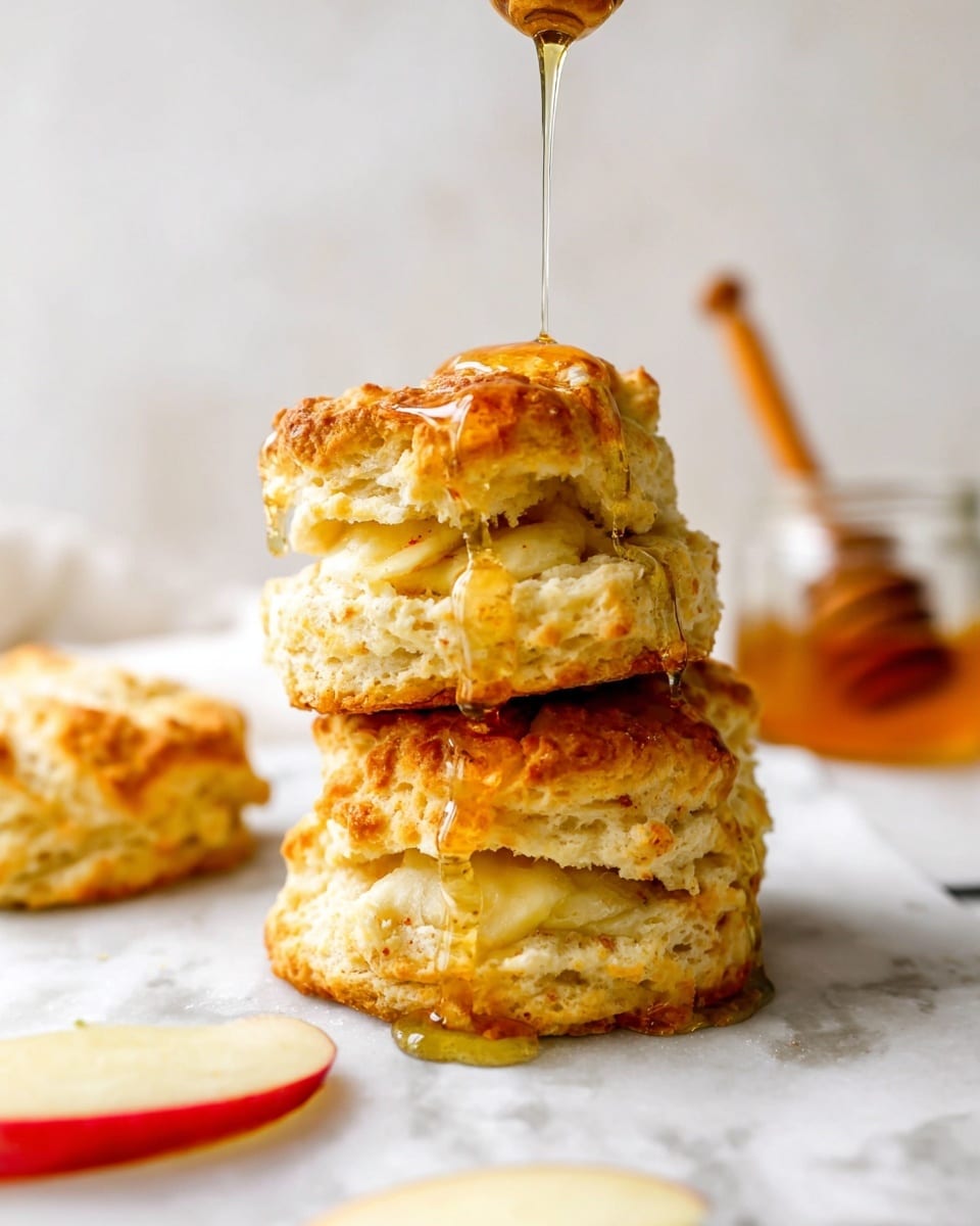The image shows a stack of three golden brown biscuits with a soft, crumbly texture, placed on a white marbled surface. The bottom biscuit is whole, while the middle and top biscuits are broken in half, revealing their fluffy inside layers. Honey is being drizzled onto the top biscuit, creating a shiny, sticky glaze that drips down the sides and pools at the base of the stack. Around the biscuits, there are a few slices of red apple, and in the blurry background, a glass jar with a honey dipper is visible. Photo taken with an iphone --ar 4:5 --v 7