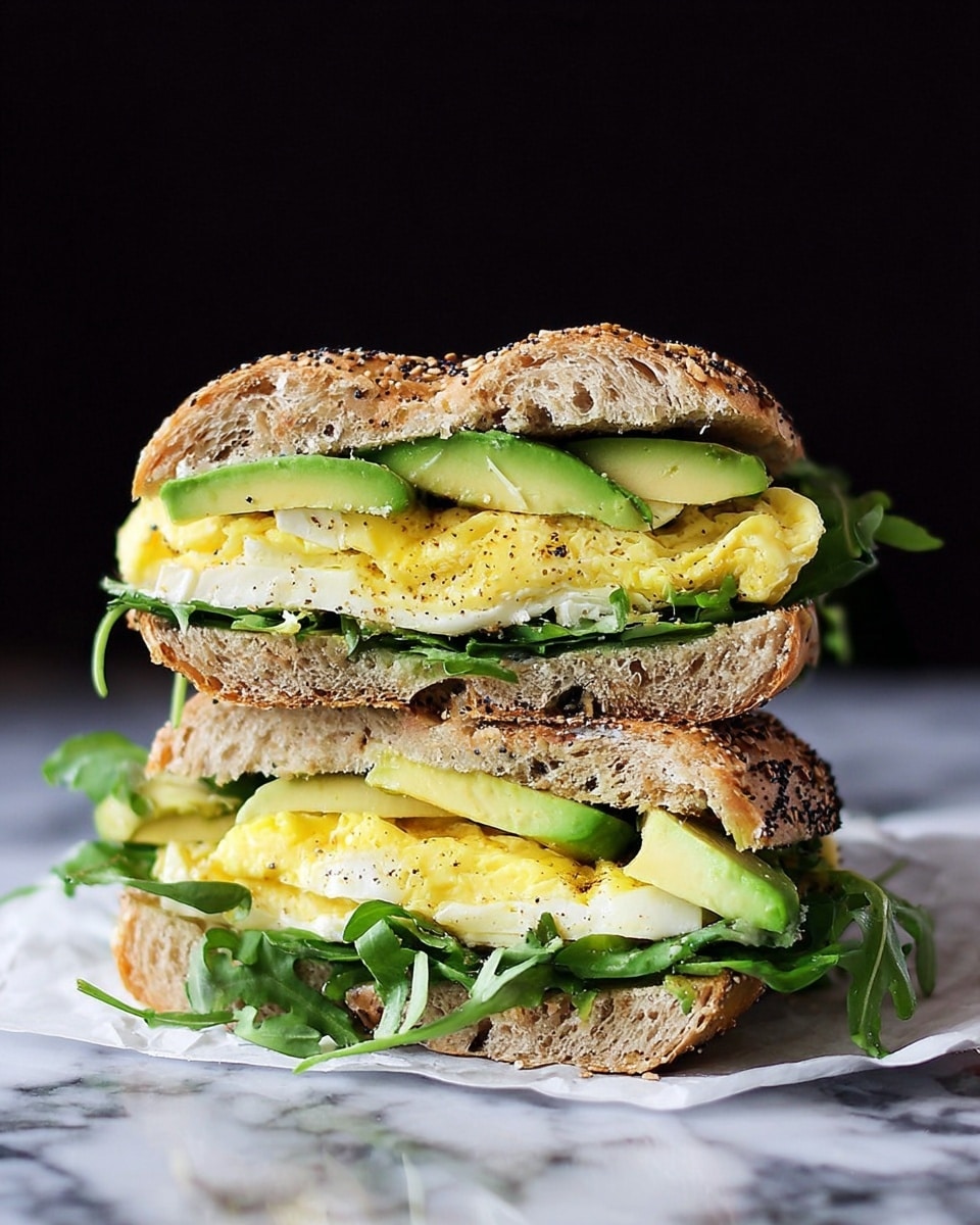 A sandwich is shown with three visible layers, placed on a piece of white paper on a white marbled surface. The bottom layer is a green leafy arugula, fresh and spread out around the edges. Above this are slices of avocado, smooth and pale green, placed evenly. The top layer is a multiseed bagel, golden brown with black and white seeds giving it texture. To the side, there is half an avocado with its seed and some loose arugula leaves. A glass jar filled with green pesto sauce and a metal spoon inside sits nearby, with small drops of sauce on the surface. Photo taken with an iphone --ar 4:5 --v 7