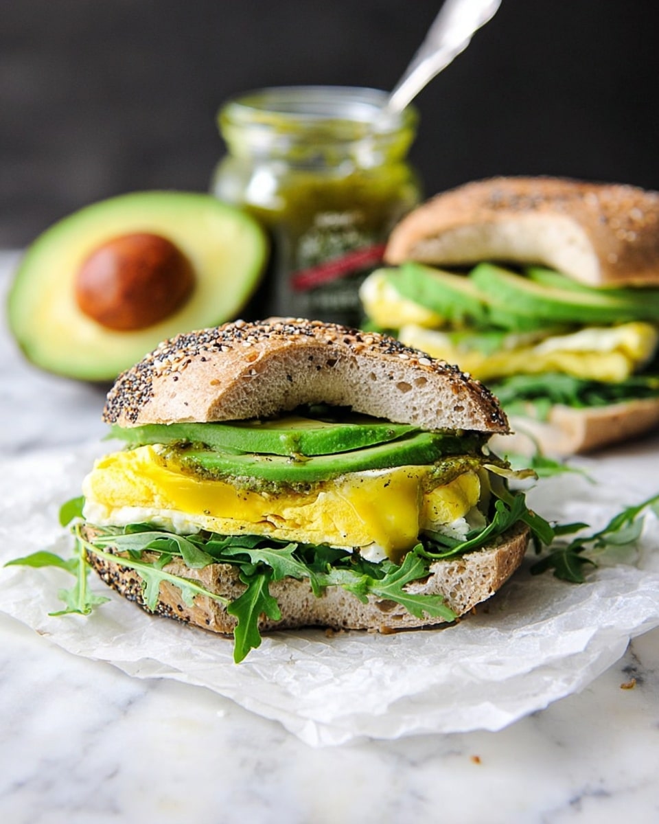 The image shows a sandwich made with a seeded whole grain bagel cut in half horizontally. The bottom layer has fresh green leafy arugula. Above it is a thick yellow cooked egg layer, soft and slightly folded. On top of the egg are slices of creamy green avocado, topped with more fresh arugula. The sandwich is sliced in half, with one half shown close up on white parchment and the other half slightly blurred in the background. Behind the sandwich is a halved avocado with the single brown seed visible and a small glass jar with green sauce and a spoon inside. The whole scene is on a white marbled surface. Photo taken with an iphone --ar 4:5 --v 7