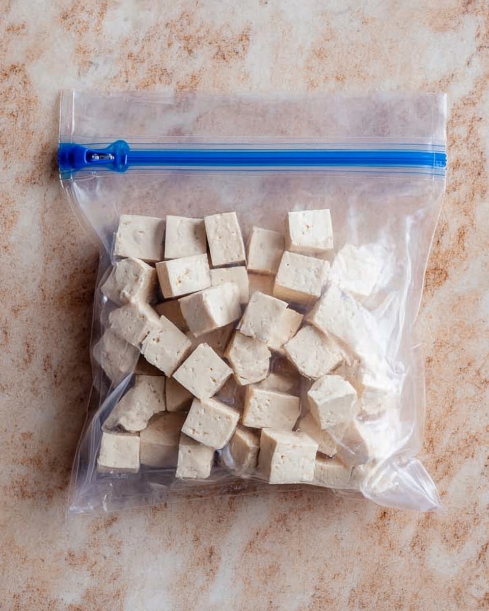 A clear plastic zipper bag filled with small, pale white cubes of tofu is placed flat on a white marbled surface. The tofu cubes are stacked inside the bag, showing some texture with tiny holes and specks on their smooth surfaces. The bag is sealed at the top with a blue zipper strip, and the lighting highlights the slight translucency of the plastic, creating soft reflections. Photo taken with an iphone --ar 4:5 --v 7