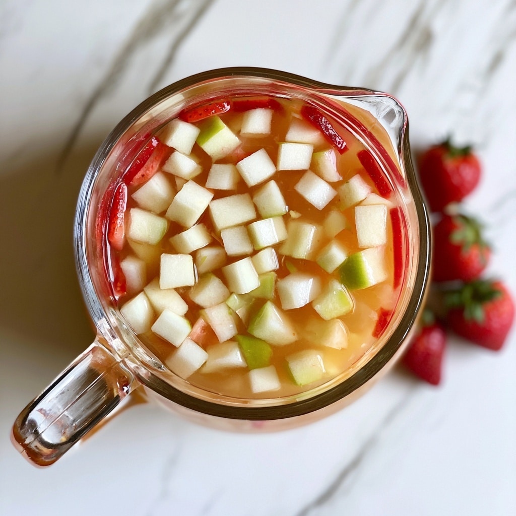 A top view of a clear glass pitcher filled with light orange liquid. Inside, there are many small white and green apple cubes floating on top. Around the edges inside the pitcher, there are thin red strawberry slices partially submerged in the drink. The pitcher sits on a white marbled surface with some whole strawberries placed nearby. Photo taken with an iphone --ar 4:5 --v 7