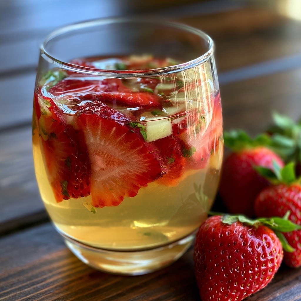 Two short clear glasses are filled with a light orange liquid and topped with small pieces of green apple and red strawberry. The fruit pieces float in the drink, with the green apple chunks being slightly larger and the red strawberry slices thin and curved. The glasses sit on a wooden surface with a dark gray cloth in the background and a couple of fresh strawberries placed nearby. The light reflects softly on the fresh fruit and the glass, adding a fresh and inviting look. Photo taken with an iphone --ar 4:5 --v 7